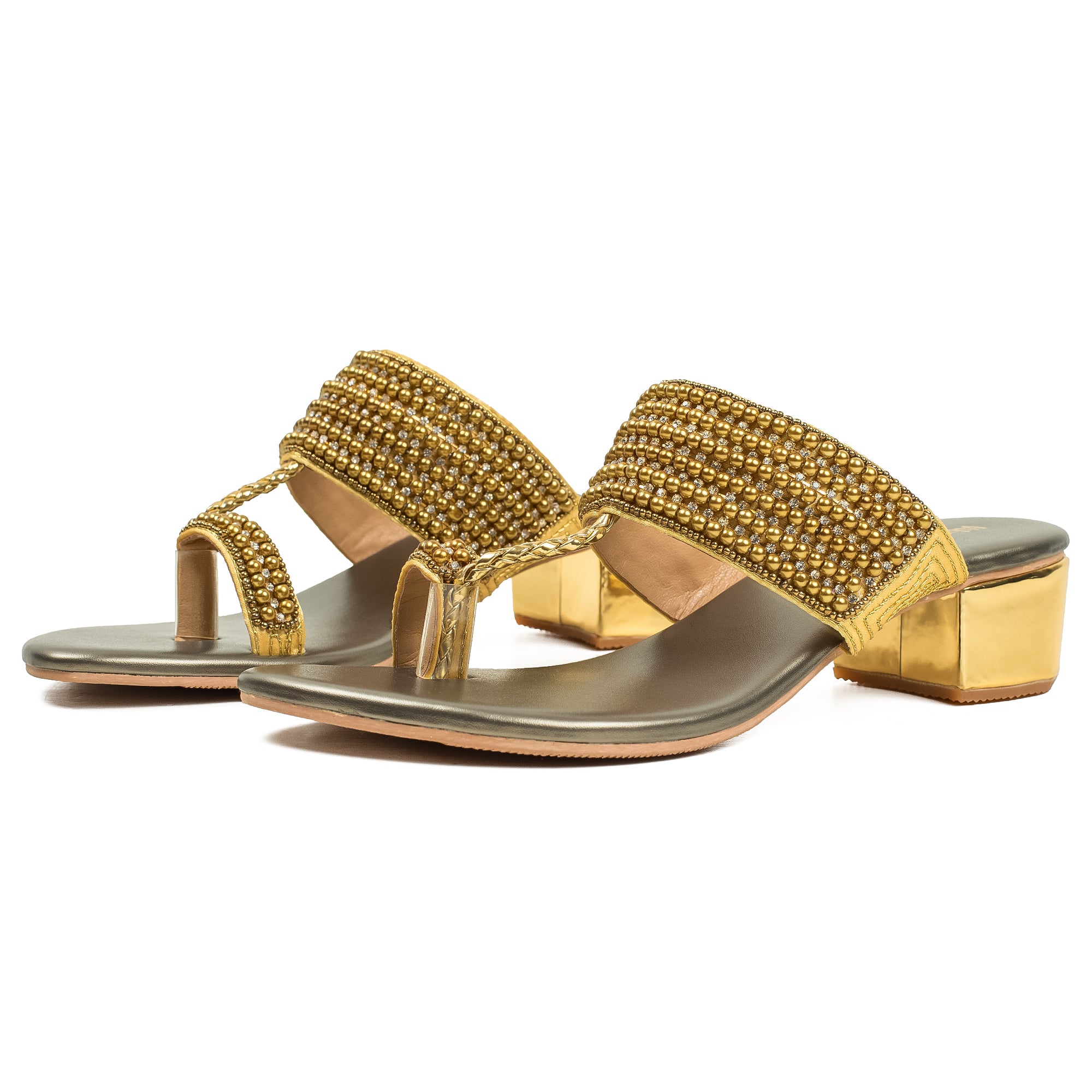 Vibrant Women's Pearl Embellished Golden Block Heel Sandals – Elegant PU Leather Slip-On for Fashion & Comfort - Vibrantbd.com