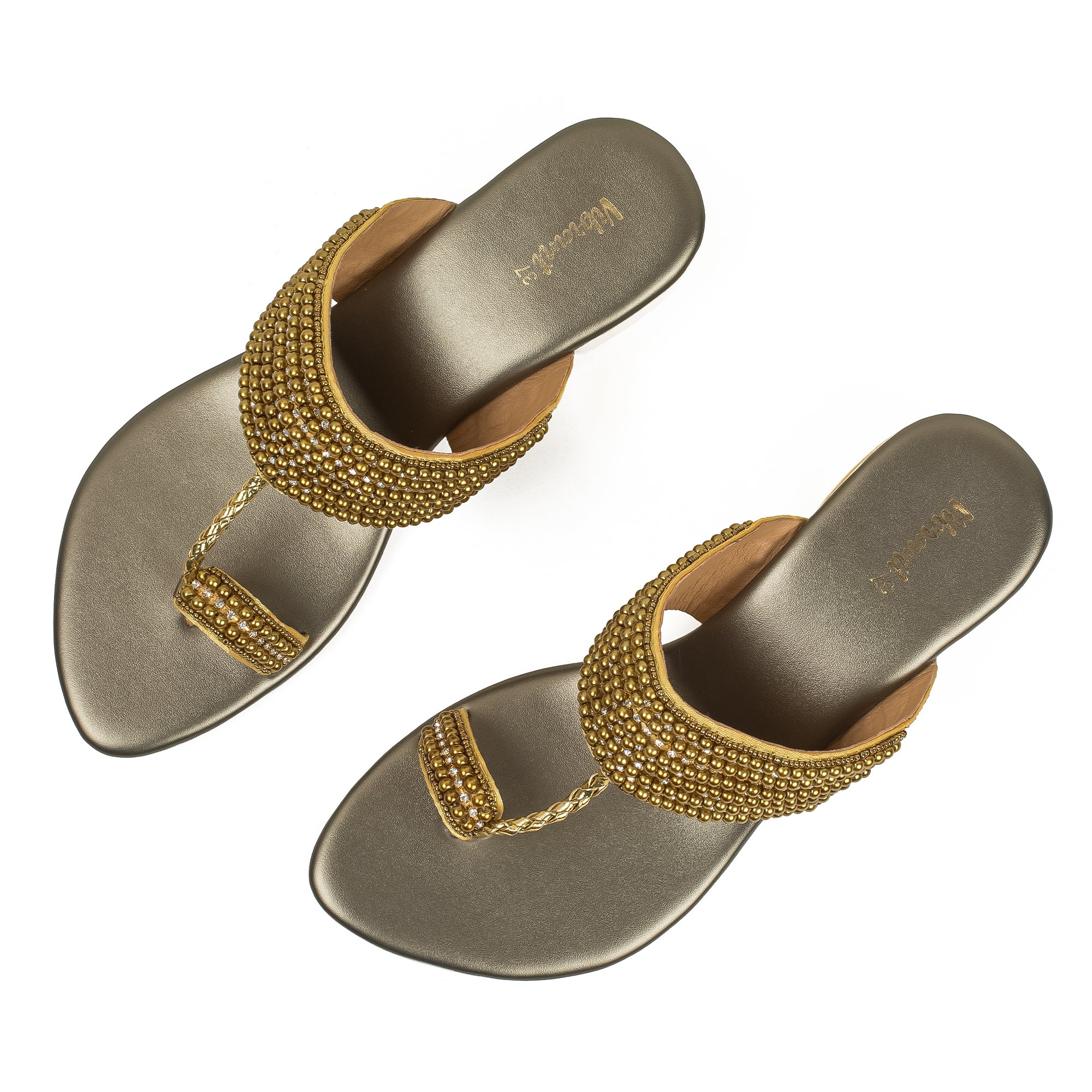 Vibrant Women's Pearl Embellished Golden Block Heel Sandals – Elegant PU Leather Slip-On for Fashion & Comfort - Vibrantbd.com