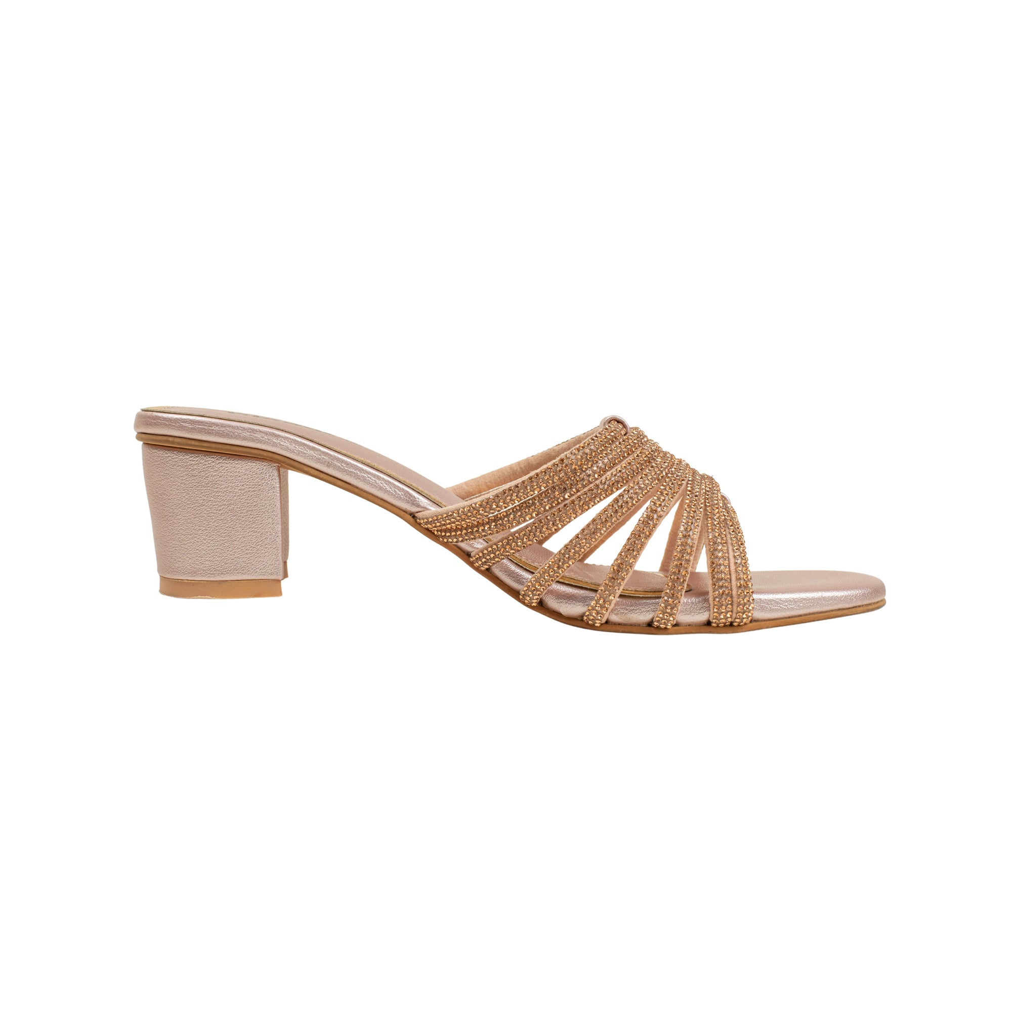 Women’s Rose Gold Open-Toe Block Heel Sandals with Rhinestone Straps