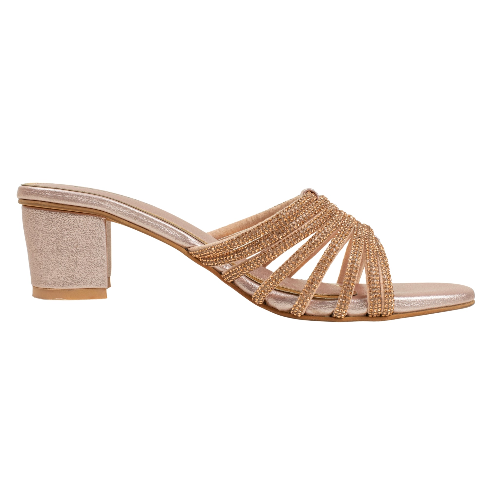 Women’s Rose Gold Open-Toe Block Heel Sandals with Rhinestone Straps