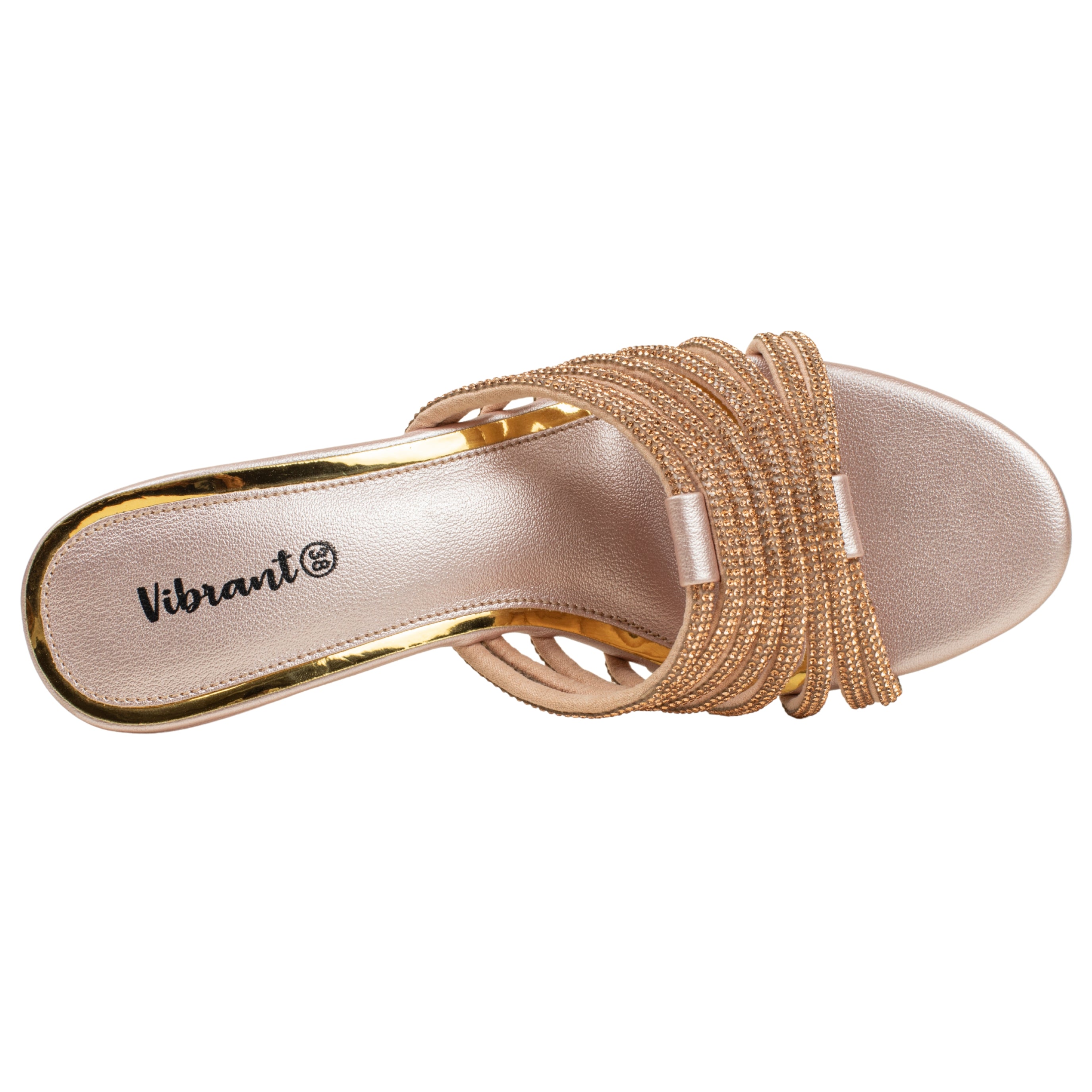 Women’s Rose Gold Open-Toe Block Heel Sandals with Rhinestone Straps