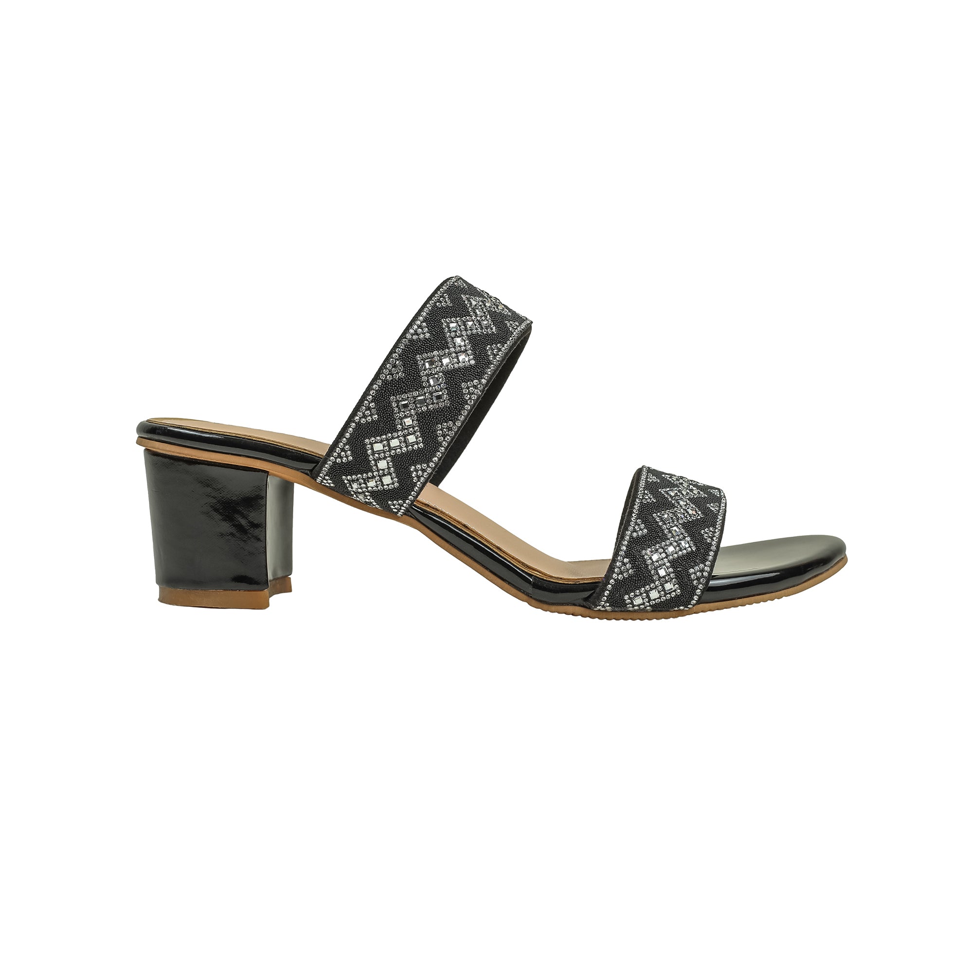 Zigzag Pattern Black Block Heel Sandal