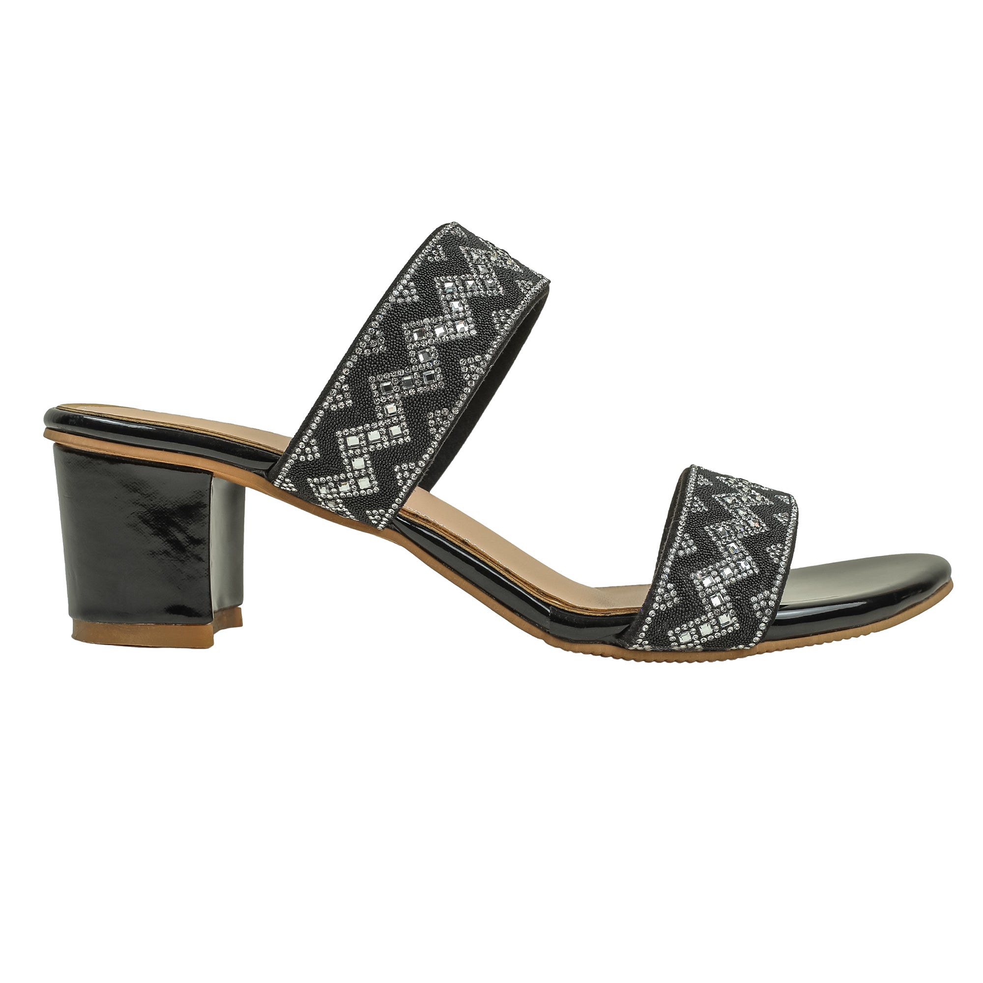 Zigzag Pattern Black Block Heel Sandal