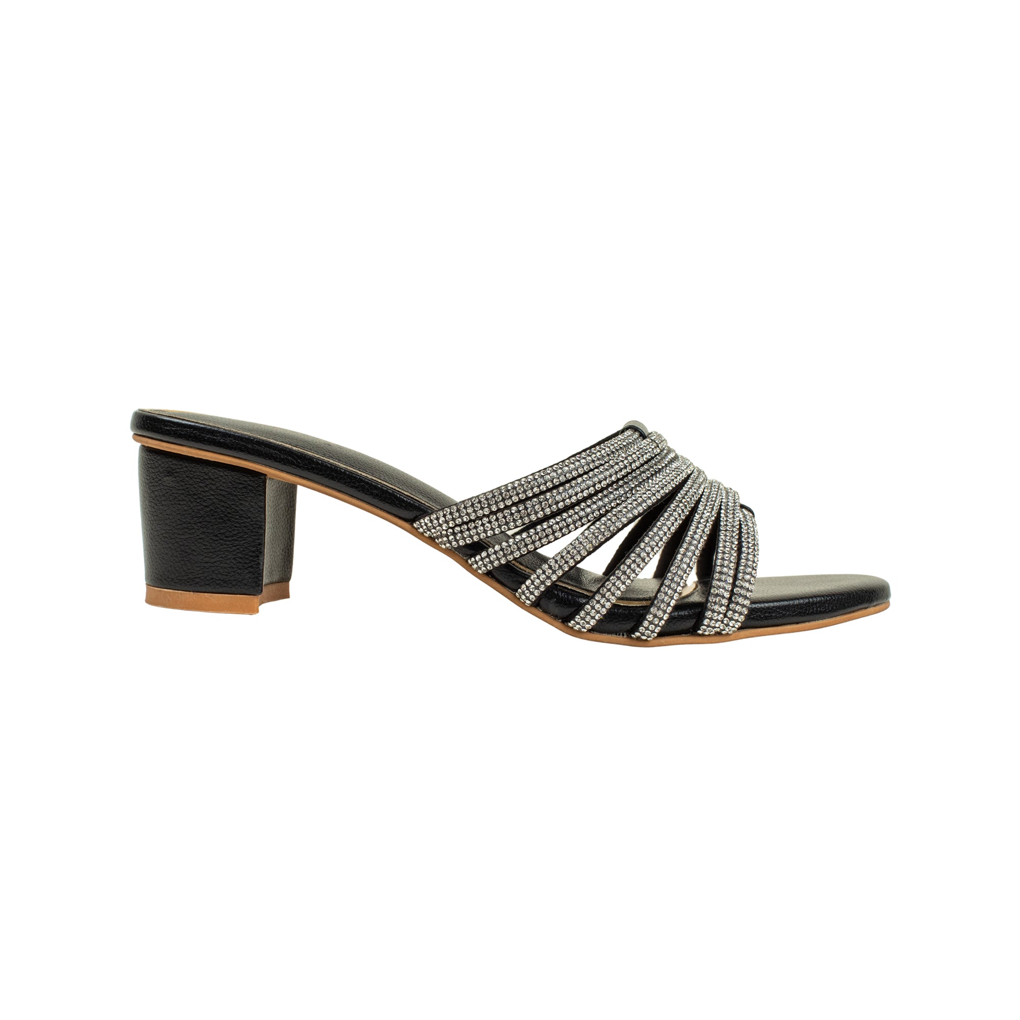 Women’s Black Open-Toe Block Heel Sandals with Rhinestone Straps