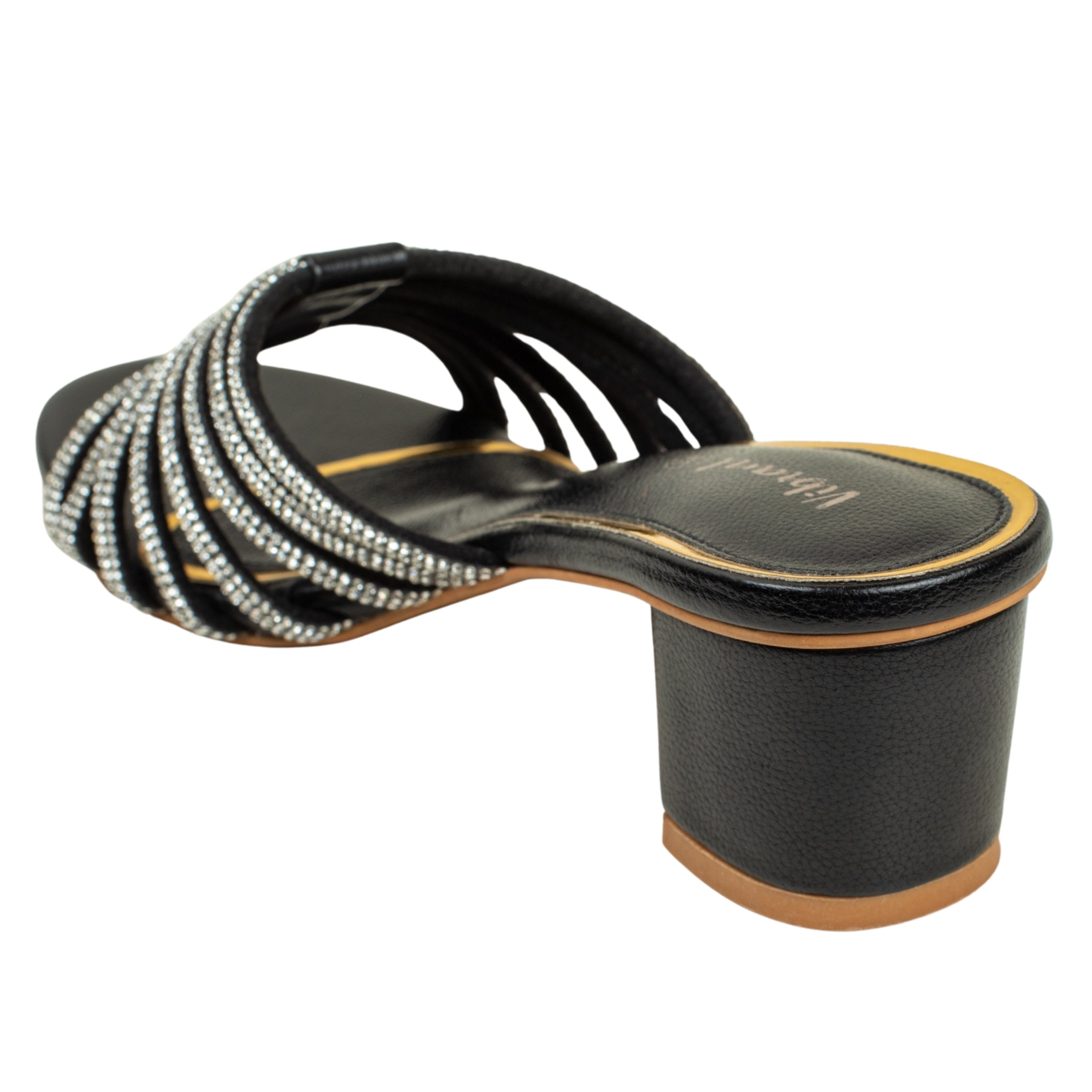 Women’s Black Open-Toe Block Heel Sandals with Rhinestone Straps - Vibrantbd.com