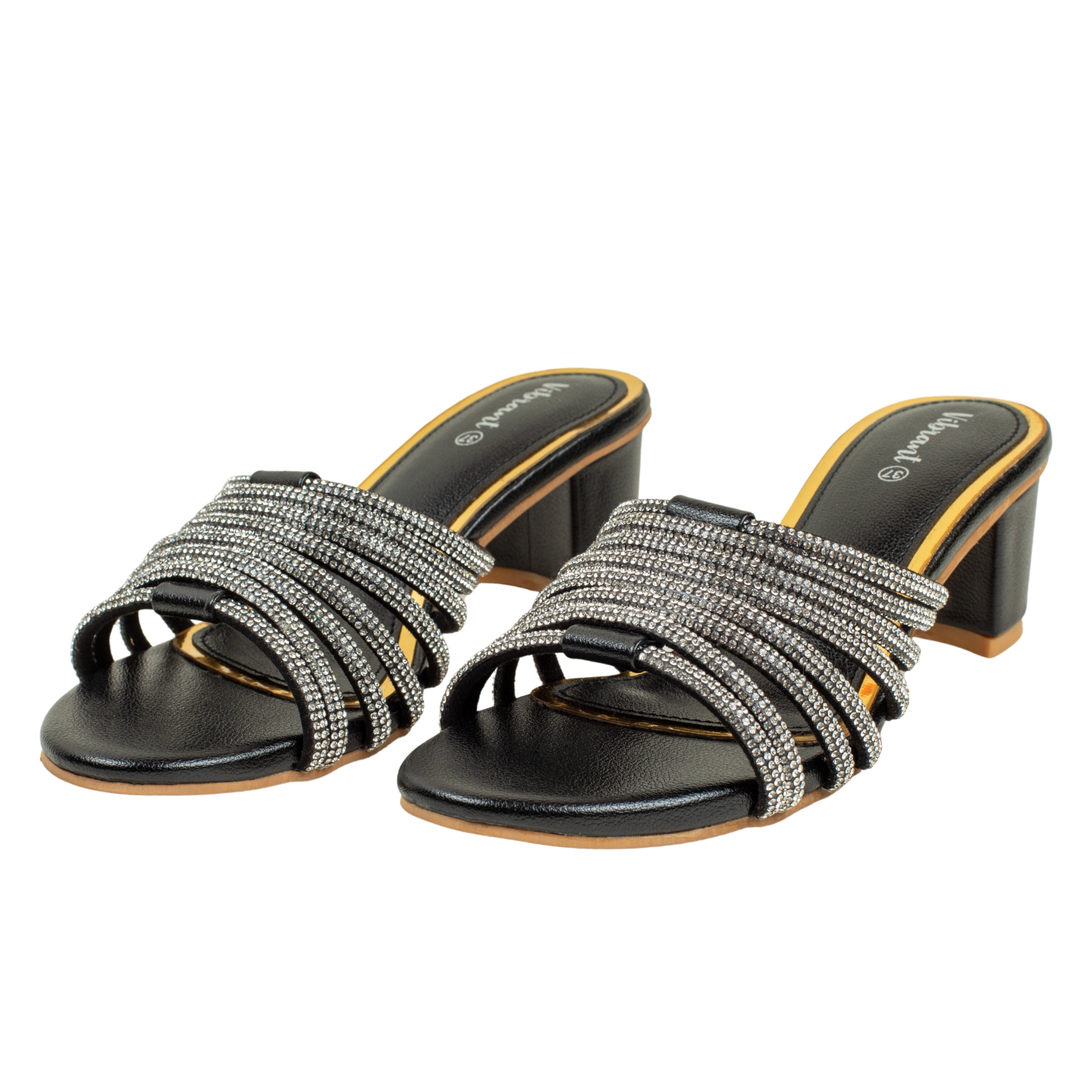 Women’s Black Open-Toe Block Heel Sandals with Rhinestone Straps - Vibrantbd.com