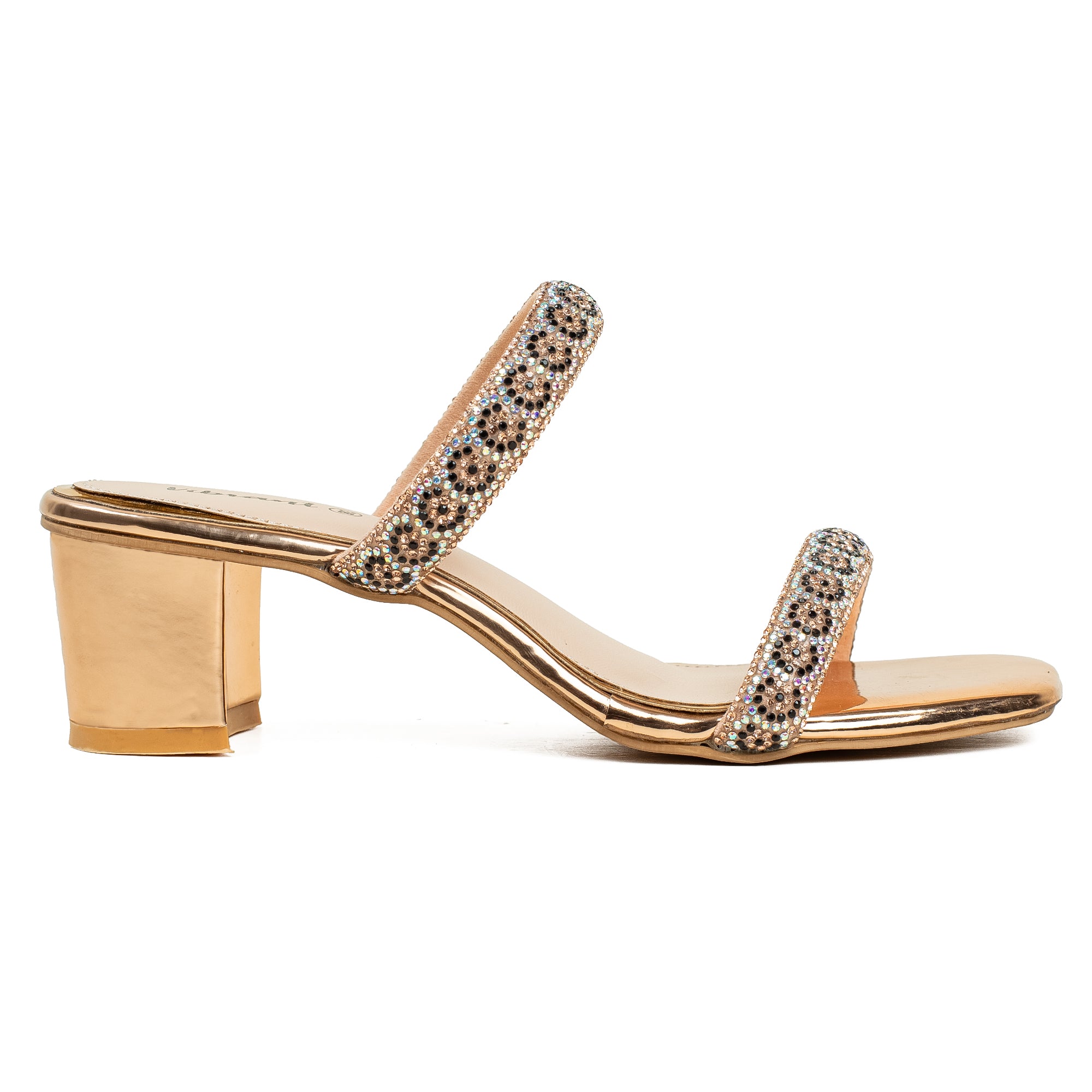 Vibrant Ladies Gold Block Heel Sandal – Pearl Embellished Elegant Part