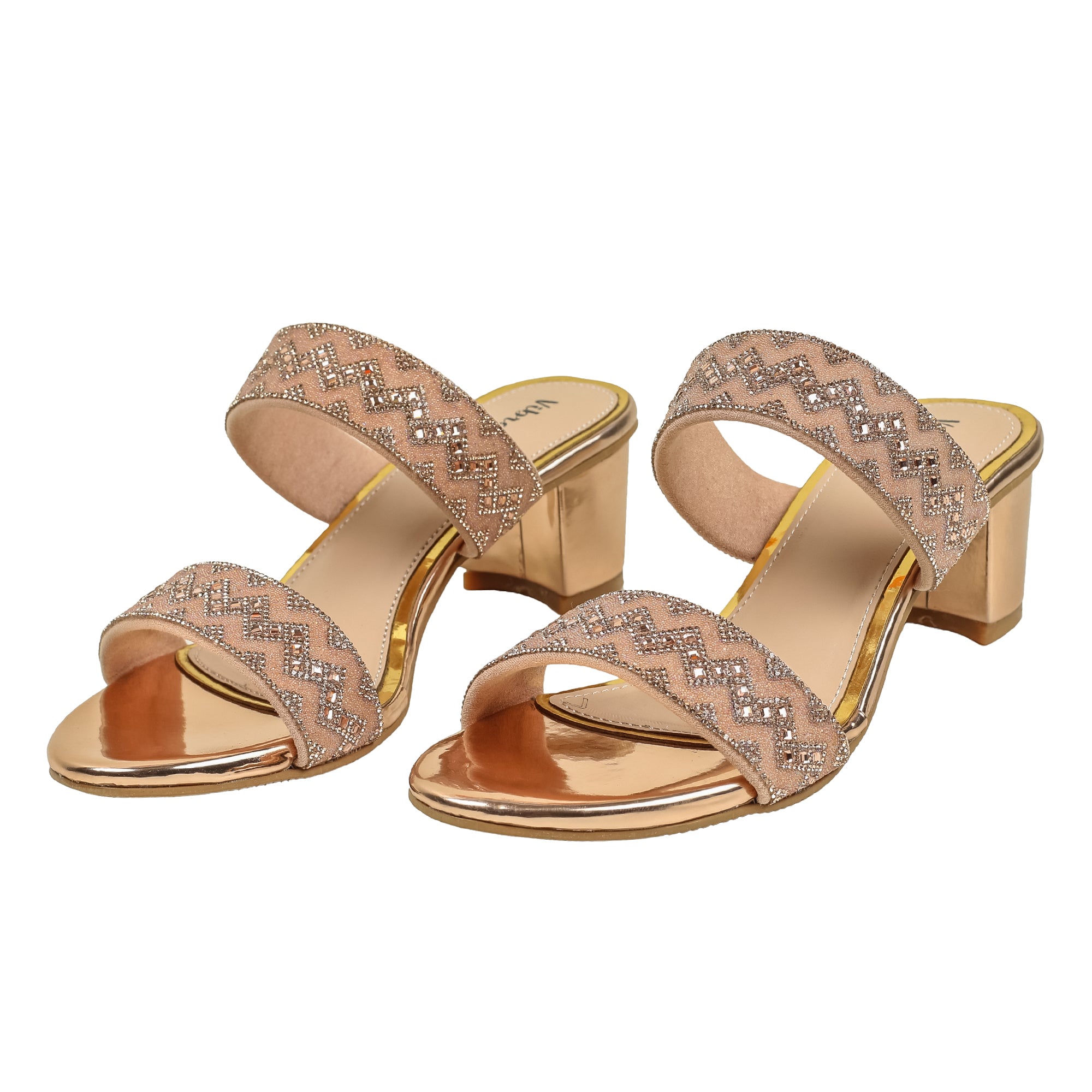 Zigzag Pattern Rose Gold Block Heel Sandal - Vibrantbd.com