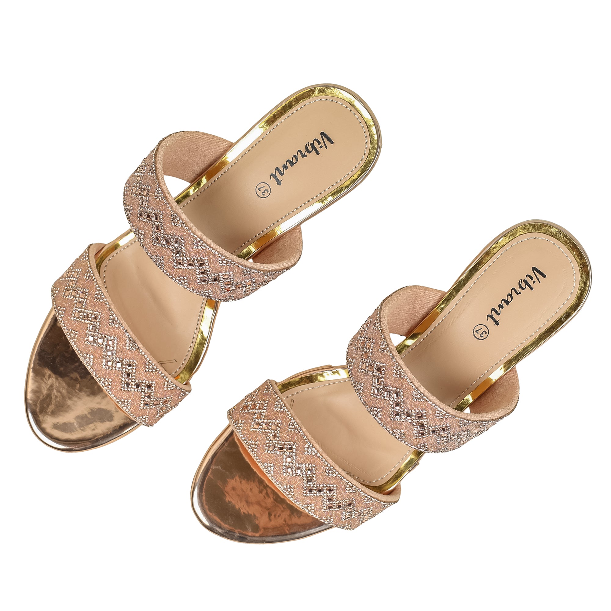 Zigzag Pattern Rose Gold Block Heel Sandal - Vibrantbd.com