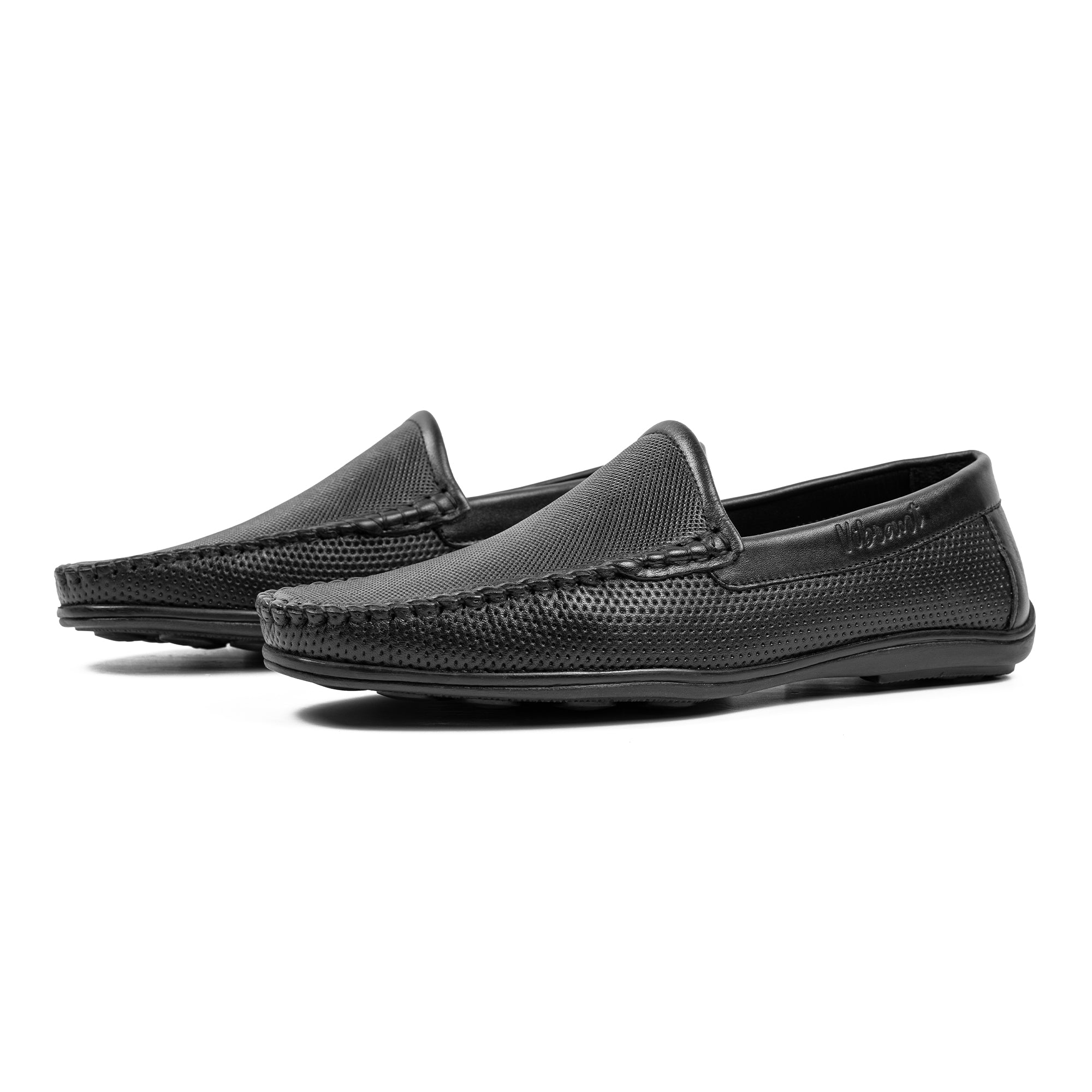 Men's Black Printed Leather Moccasin Shoes | Vibrant® Cushioned Comfort with TPR Outsole - Vibrantbd.com