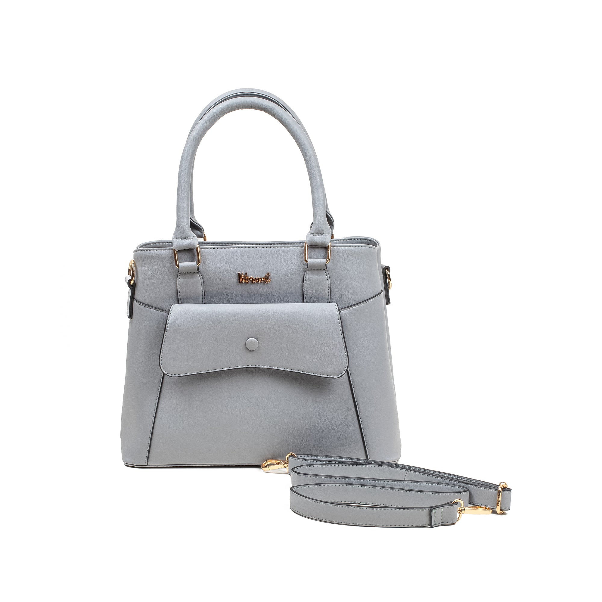 Elegant Ladies PU Leather Handbag in Gray Vibrant® Multi-Compartment Tote  with Flap Pocket