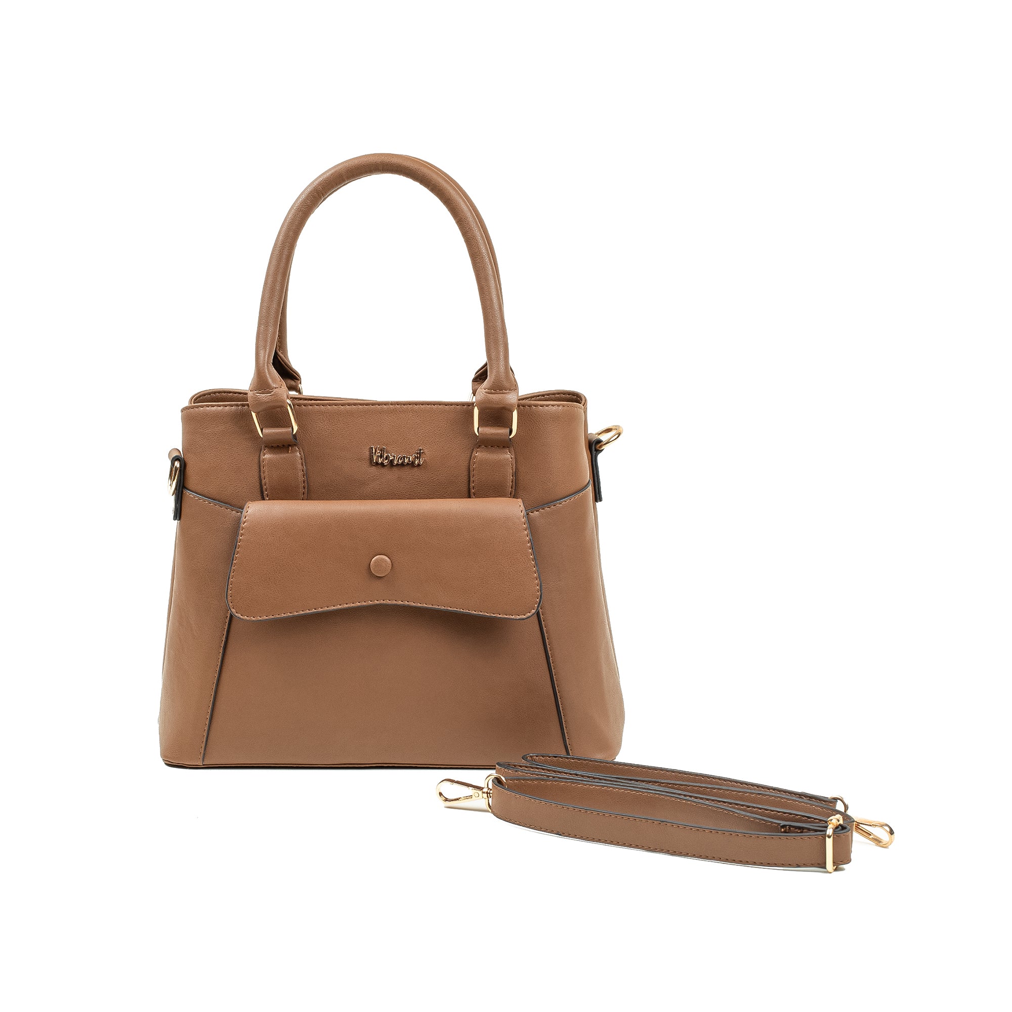 Elegant Ladies PU Leather Handbag in Tan Vibrant® Multi-Compartment Tote with Flap Pocket