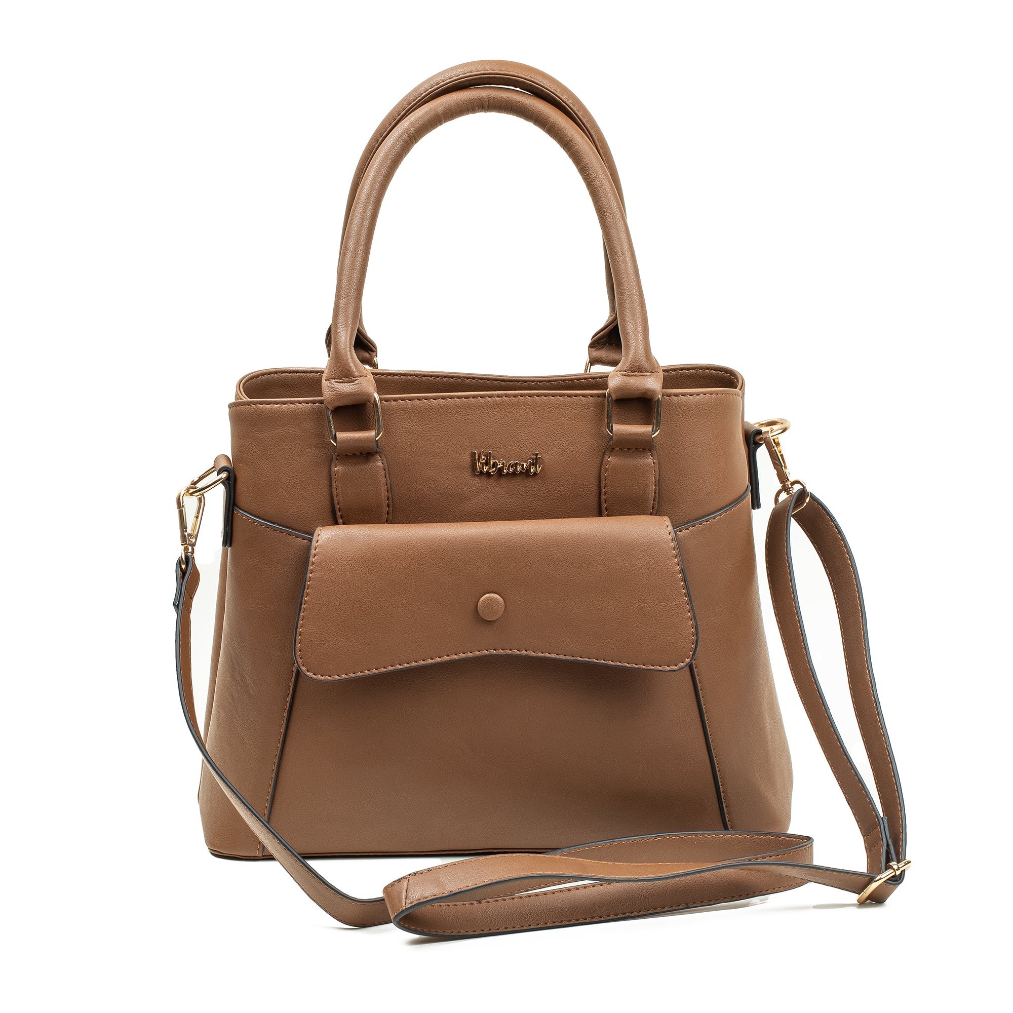 Elegant Ladies PU Leather Handbag in Tan | Vibrant® Multi-Compartment Tote with Flap Pocket - Vibrantbd.com