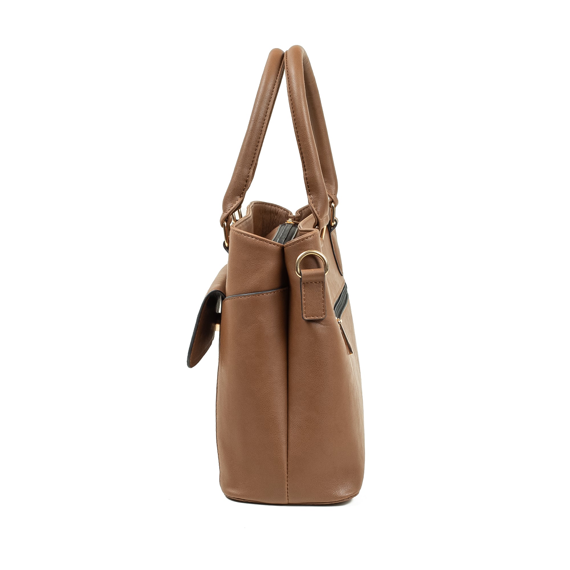 Elegant Ladies PU Leather Handbag in Tan | Vibrant® Multi-Compartment Tote with Flap Pocket - Vibrantbd.com