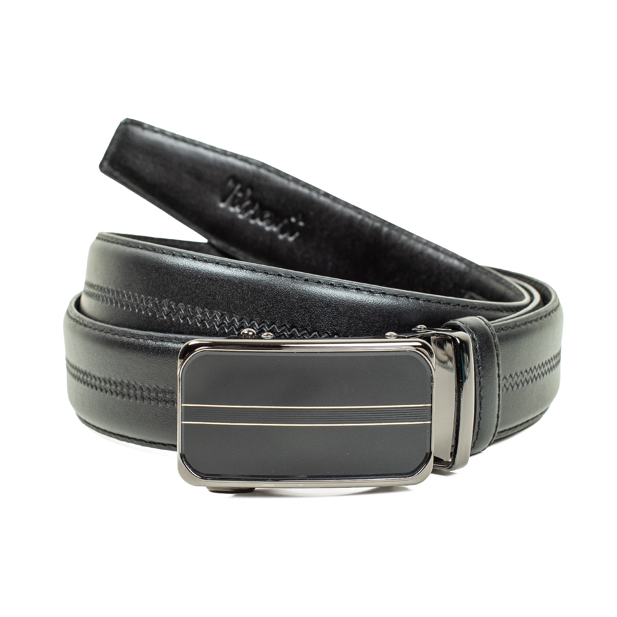 Men's Black Genuine Leather Gear Belt with Automatic Buckle