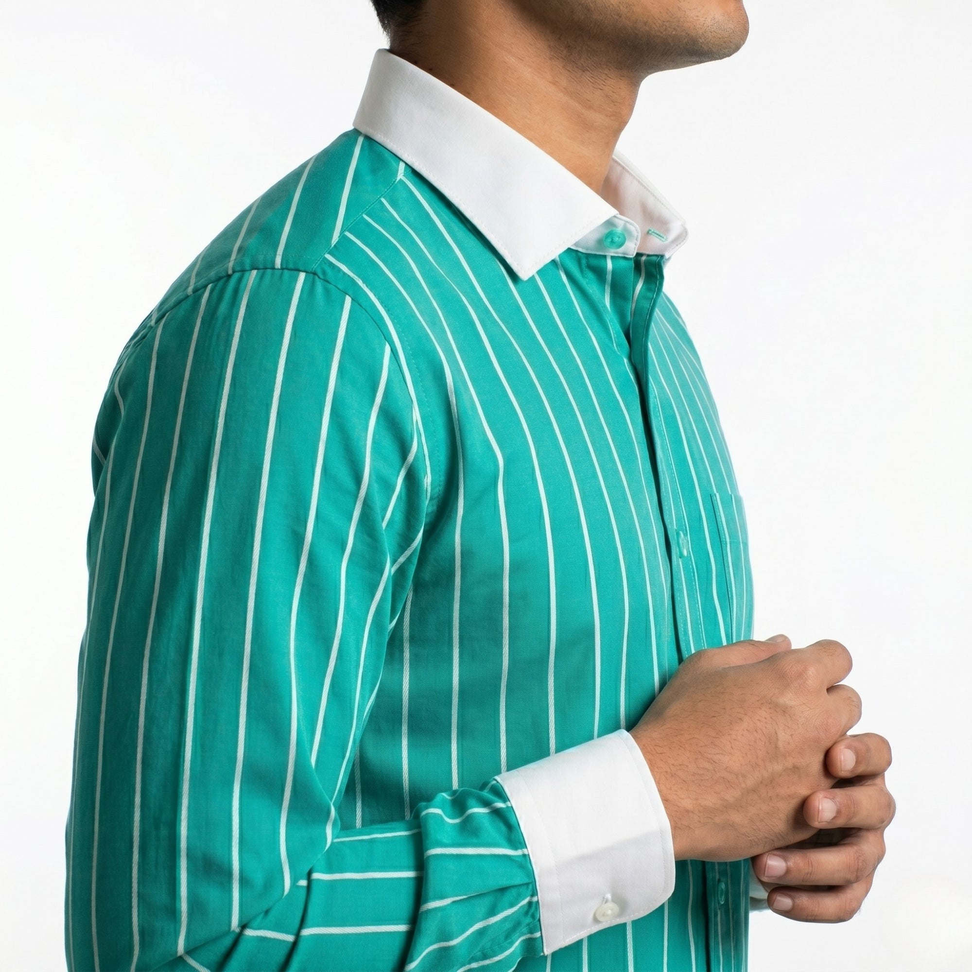 SEA GREEN COLOR STRIPED MEN FULL SLEEVE FORMAL SHIRT - Vibrantbd.com