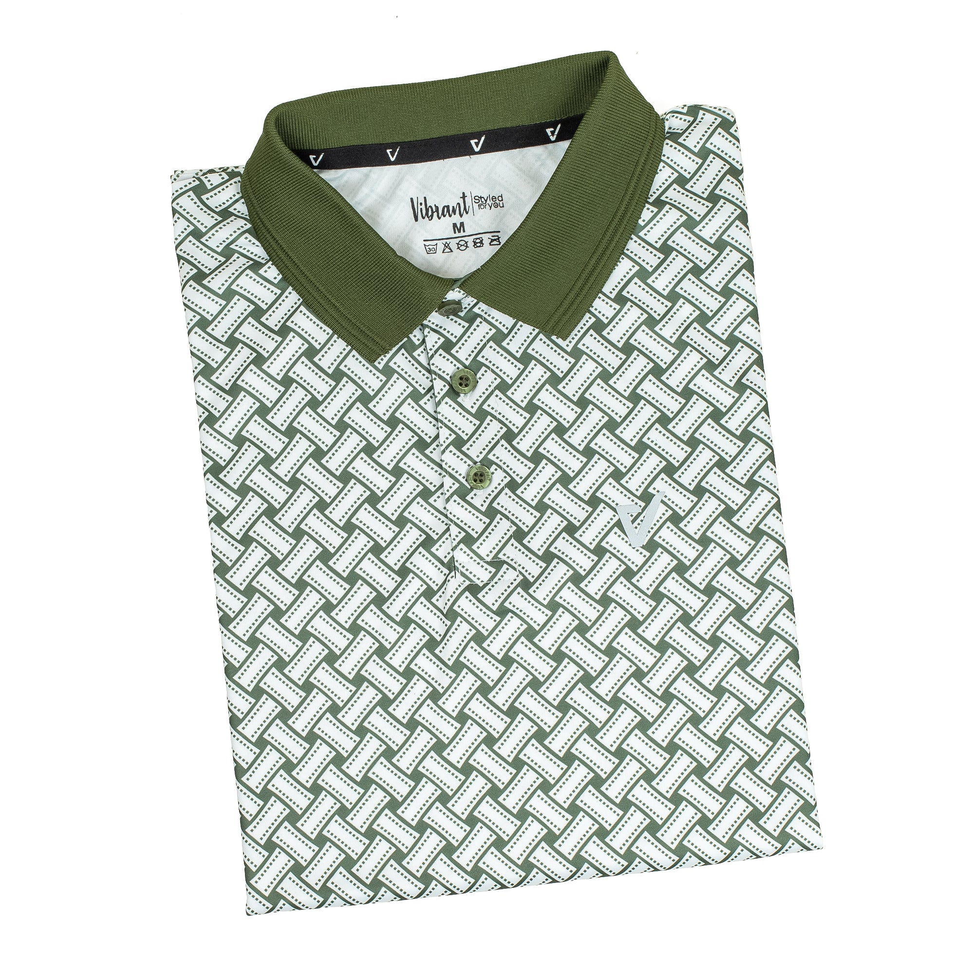 Vibrant Men's Sports Golf Polo Shirt - Green Geometric Print, Max Cool Polyester, Dry-Fit Sublimation - Vibrantbd.com