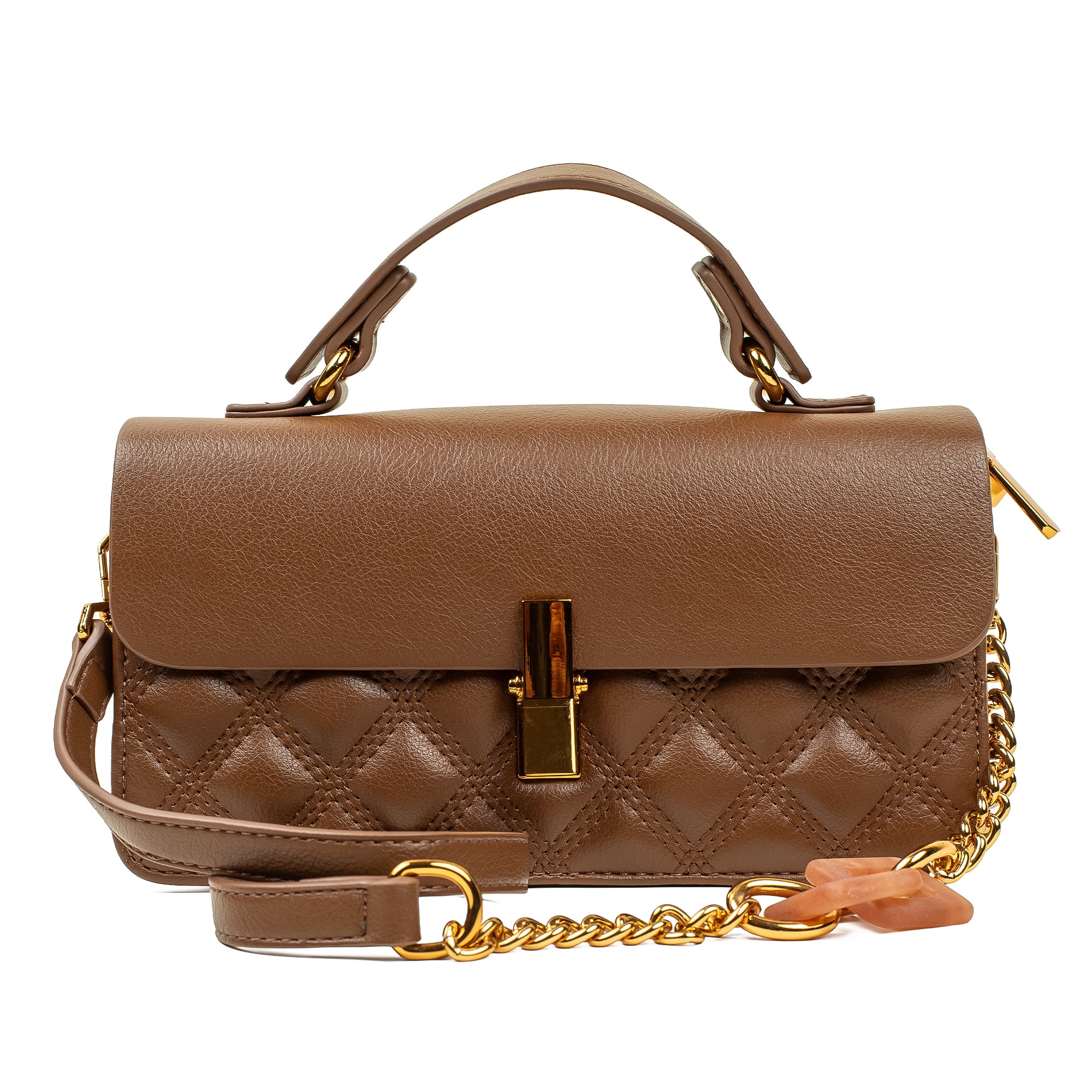 Brown Quilted Satchel Bag with Chain Strap