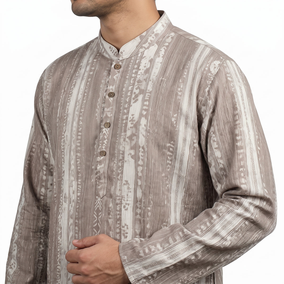VIBRANT  TAUPE AND OFF-WHITE  PRINTED COTTON PANJABI - Vibrantbd.com