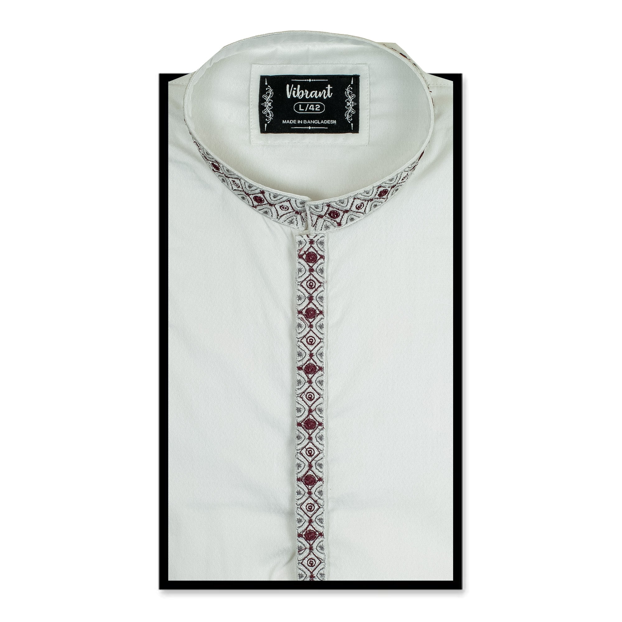 Vibrant Men's White Cotton Panjabi with Intricate Maroon & Grey Embroidery – Elegant Traditional Wear for Eid & Special Occasions - Vibrantbd.com