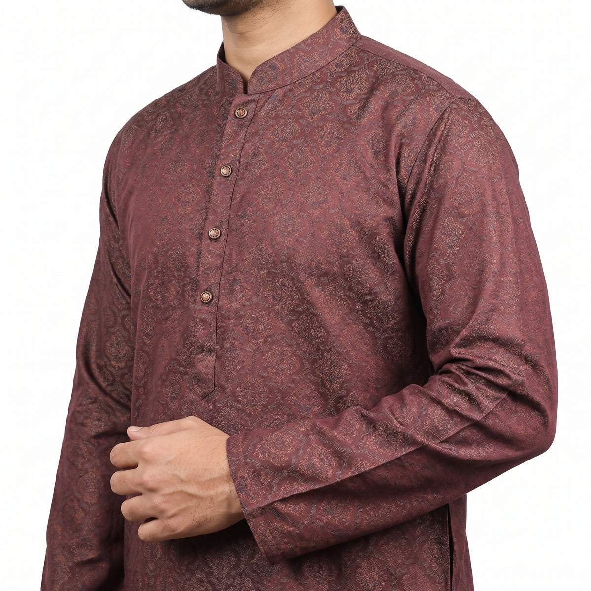 VIBRANT  MEN'S MAUVE-WINE JACQUARD PRINT COTTON PANJABI - Vibrantbd.com