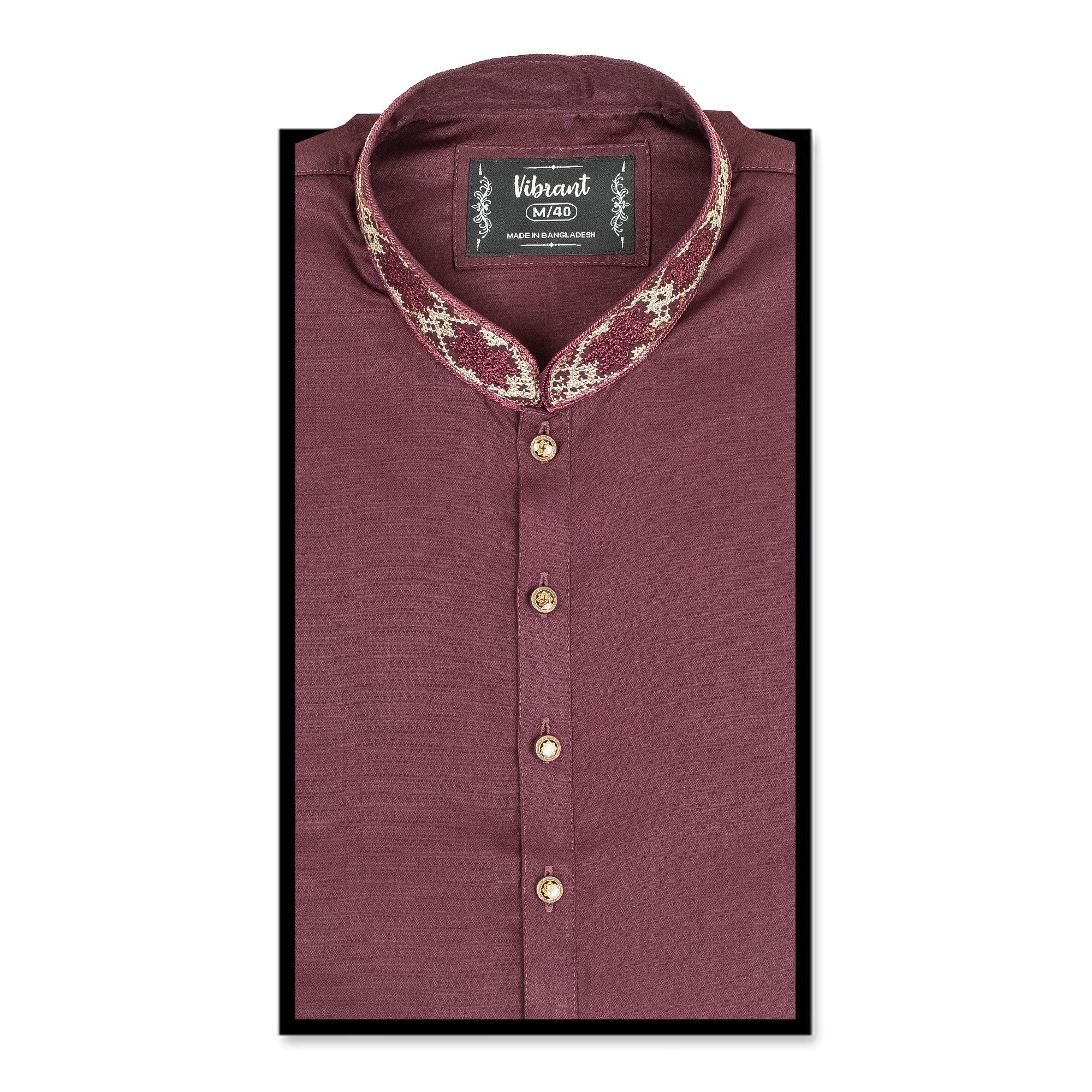 Vibrant Men's Cotton Panjabi – Maroon with Embroidered Collar, Classic Festive & Traditional Wear - Vibrantbd.com