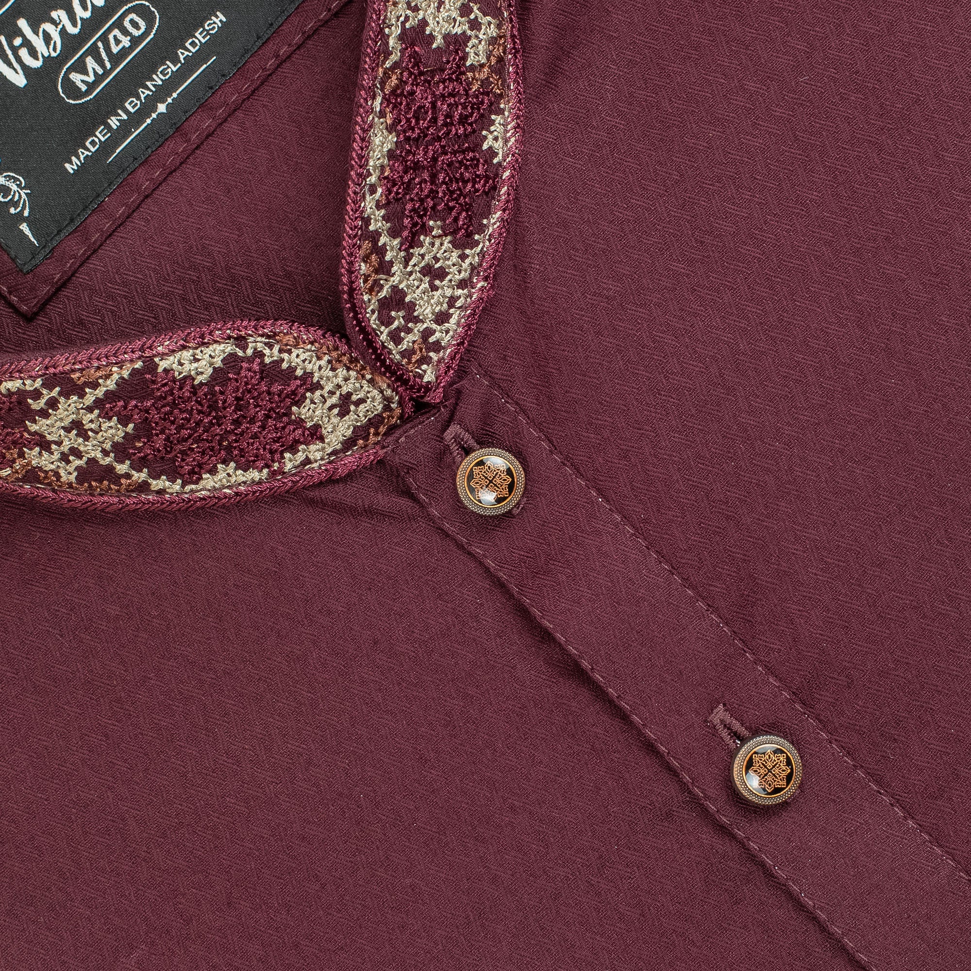 Vibrant Men's Cotton Panjabi – Maroon with Embroidered Collar, Classic Festive & Traditional Wear - Vibrantbd.com