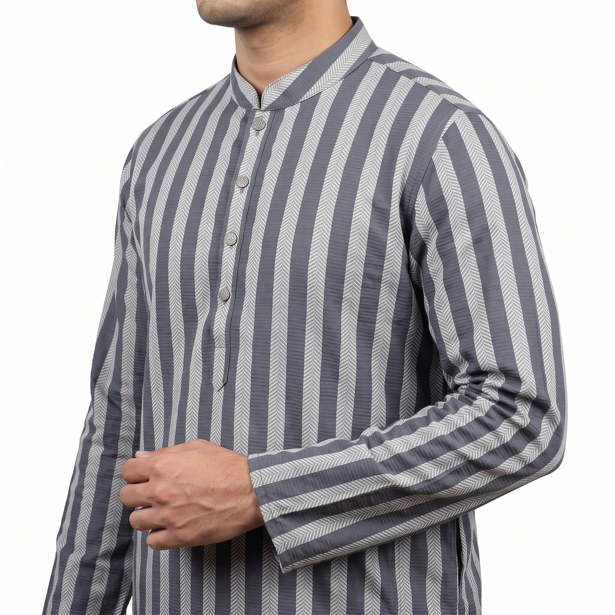 VIBRANT  MEN'S SIVER GREY JACQUARD STRIPED COTTON PANJABI - Vibrantbd.com