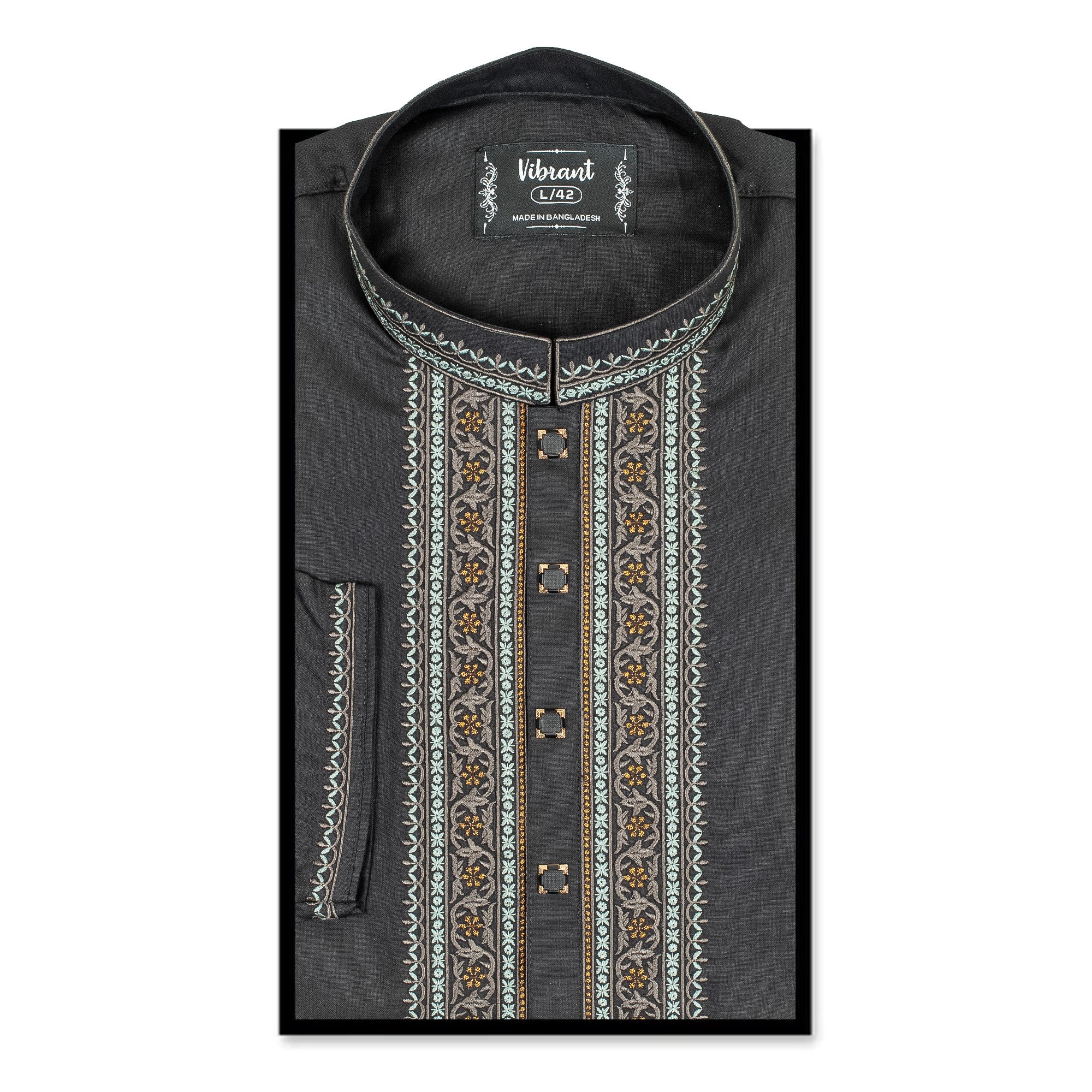 Vibrant Men's Premium Cotton Panjabi – Charcoal Black with Exquisite Embroidery, Festive & Traditional Wear - Vibrantbd.com