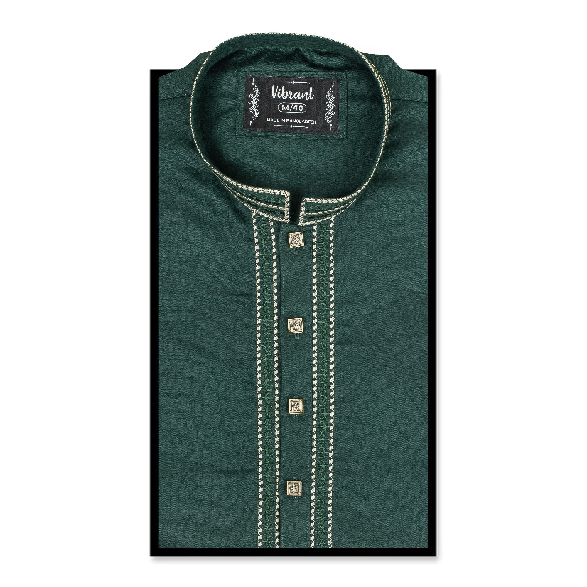 Vibrant Men's Dark Green Cotton Panjabi – Classic Embroidered Design for Festive & Formal Occasions - Vibrantbd.com