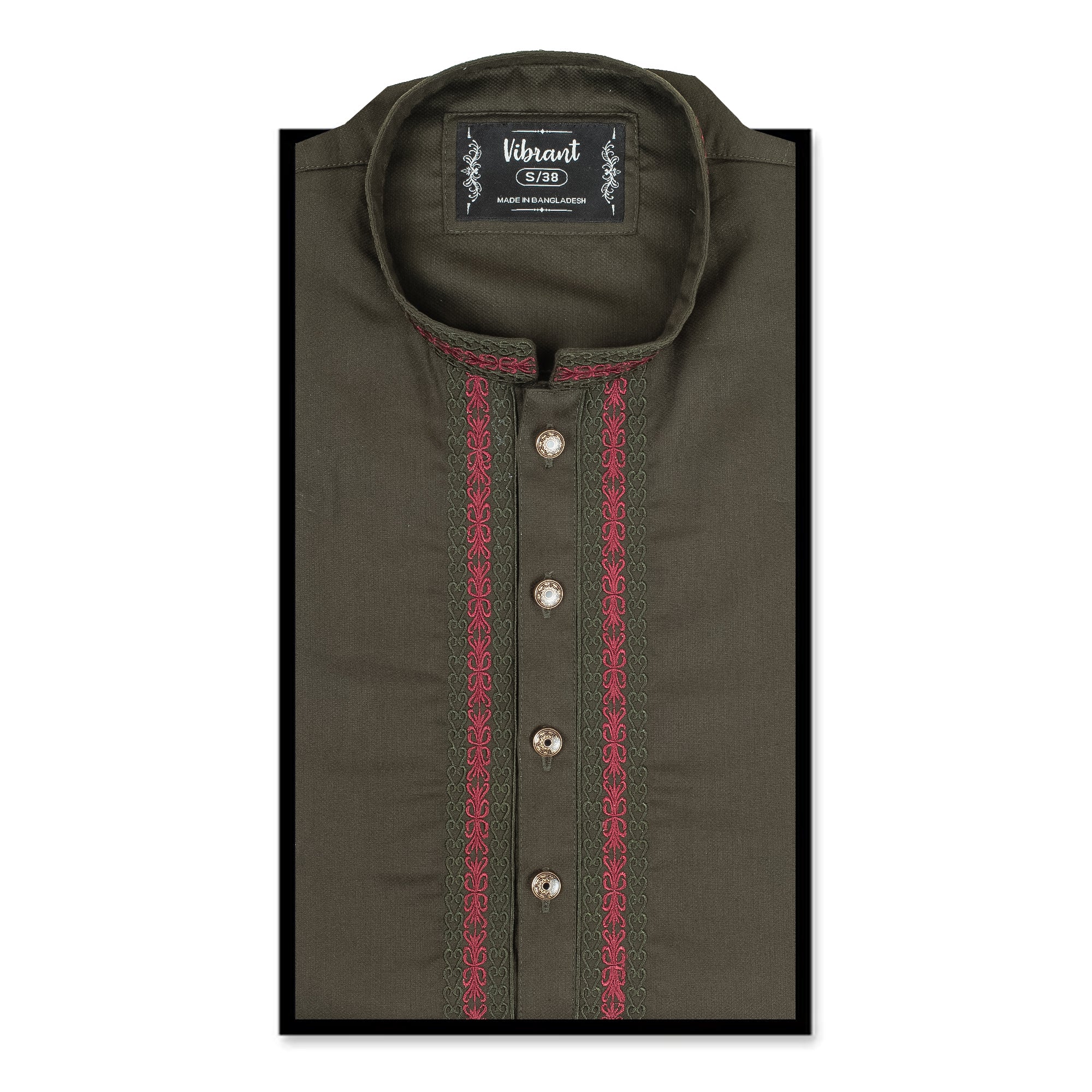 Vibrant Men's Olive Green Cotton Panjabi with Elegant Embroidery – Stylish & Comfortable Festive Wear - Vibrantbd.com