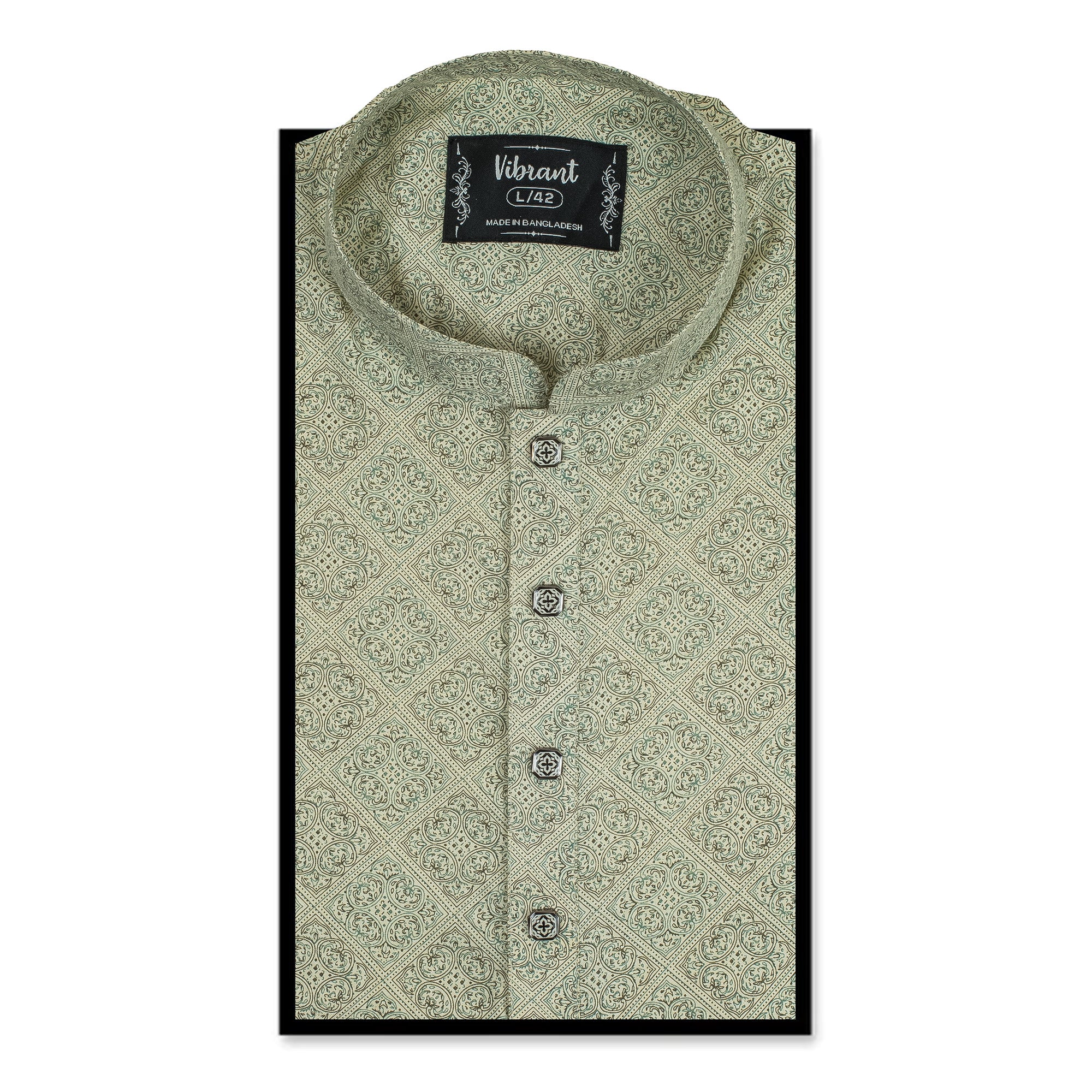Vibrant Men's Olive Green Printed Cotton Panjabi – Elegant Traditional Wear for Festive & Formal Occasions - Vibrantbd.com