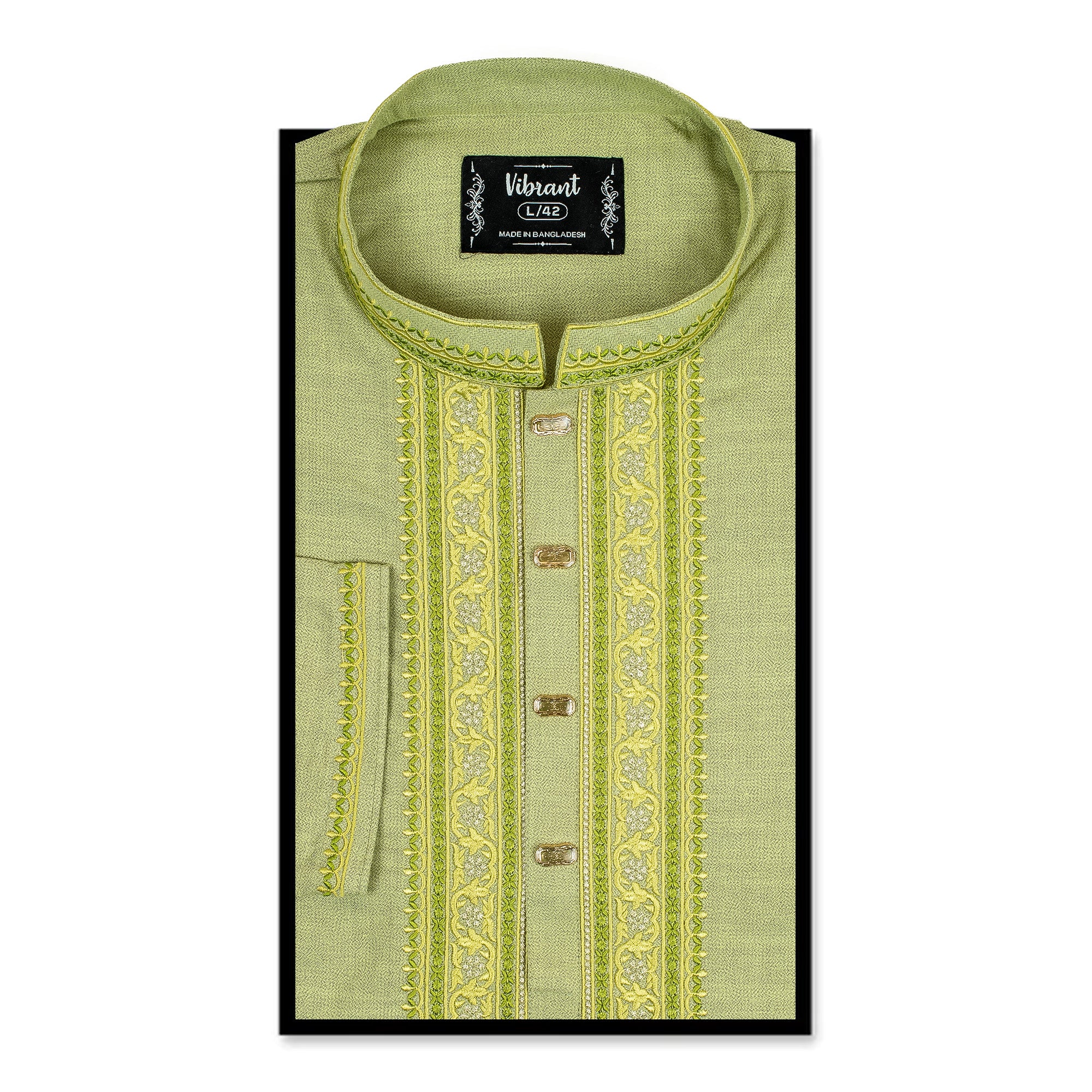 Vibrant Men's Premium Cotton Panjabi – Light Olive with Intricate Embroidery, Traditional Festive Wear - Vibrantbd.com