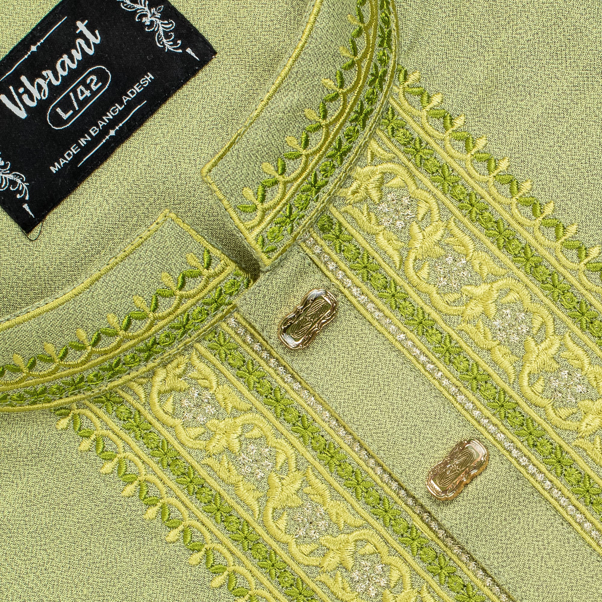 Vibrant Men's Premium Cotton Panjabi – Light Olive with Intricate Embroidery, Traditional Festive Wear - Vibrantbd.com