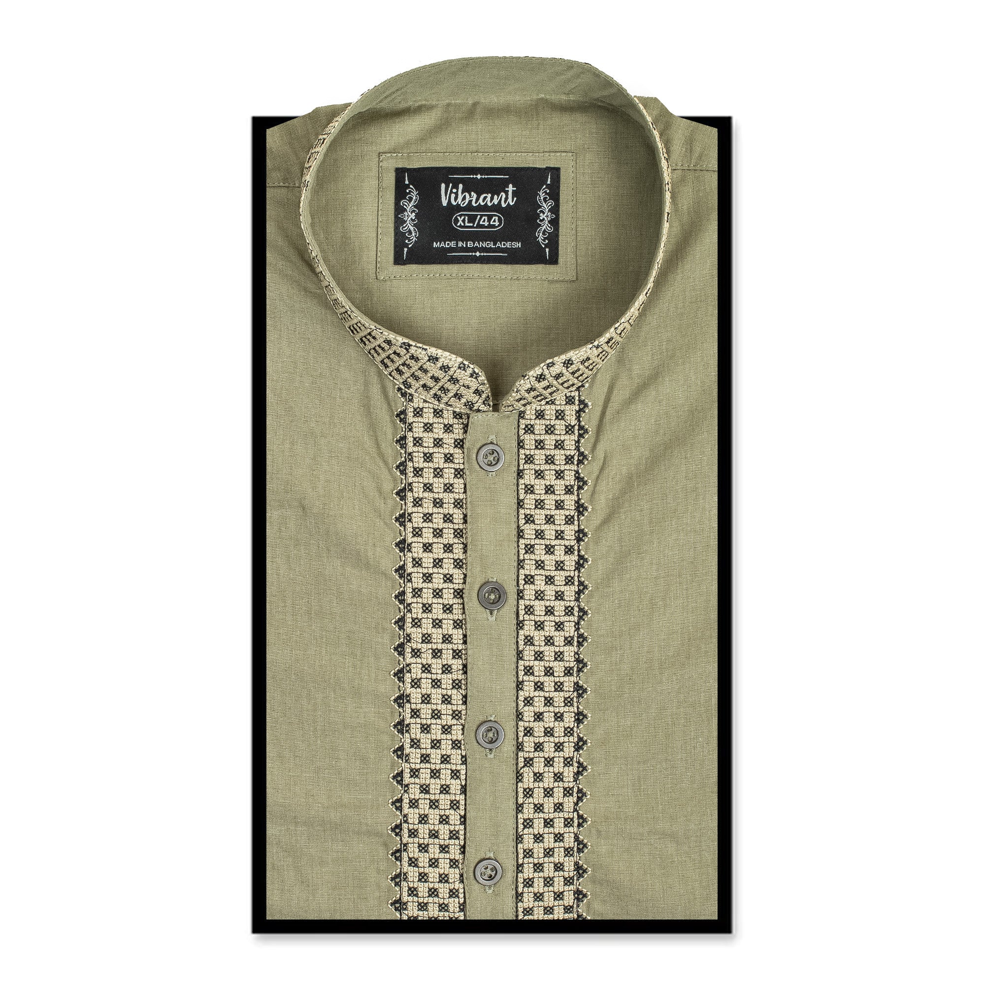 Vibrant Men's Olive Green Cotton Panjabi – Elegant Embroidered Traditional Wear for Festivals & Special Occasions - Vibrantbd.com