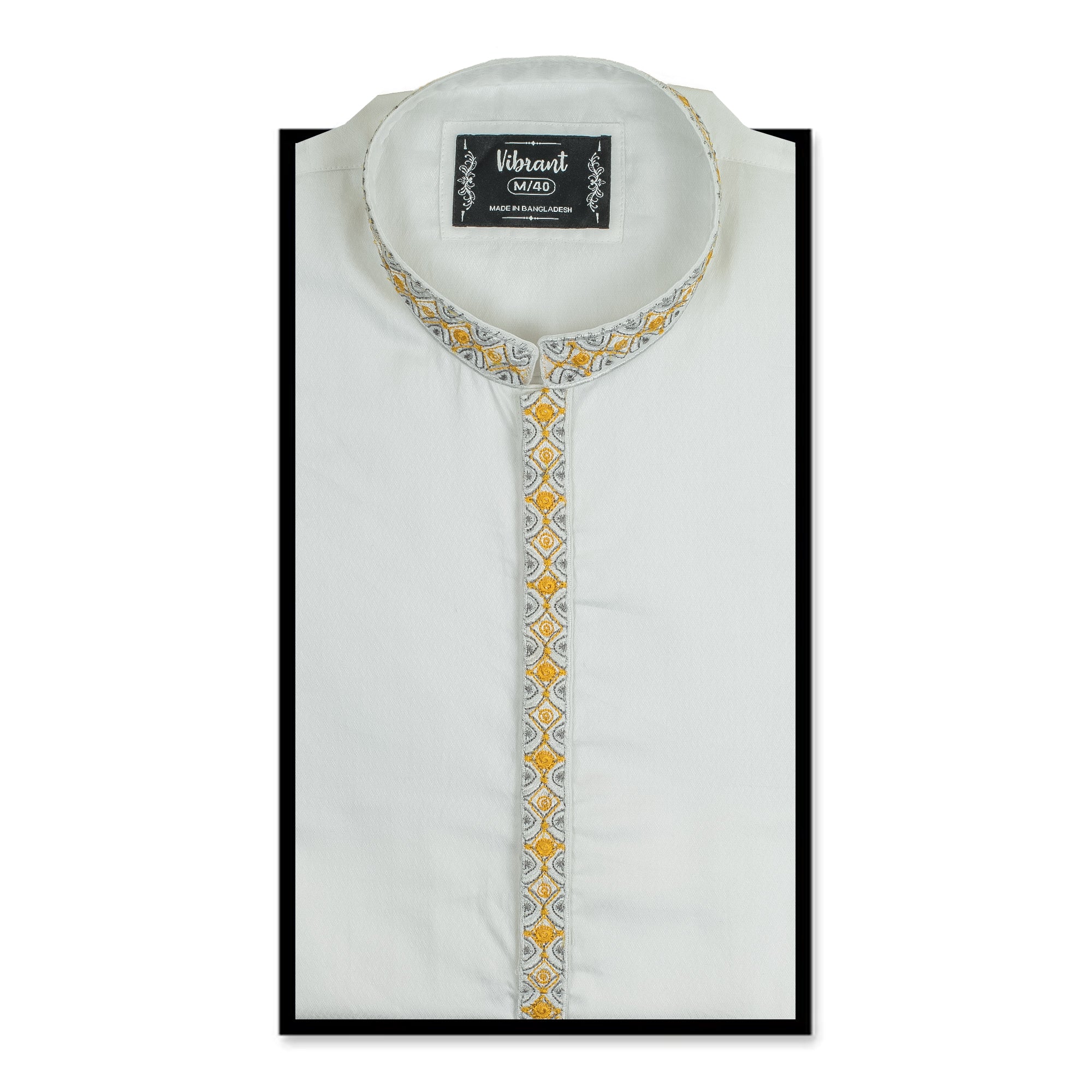 Vibrant Men's White Cotton Panjabi with Elegant Embroidered Collar & Placket – Festive & Casual Wear - Vibrantbd.com