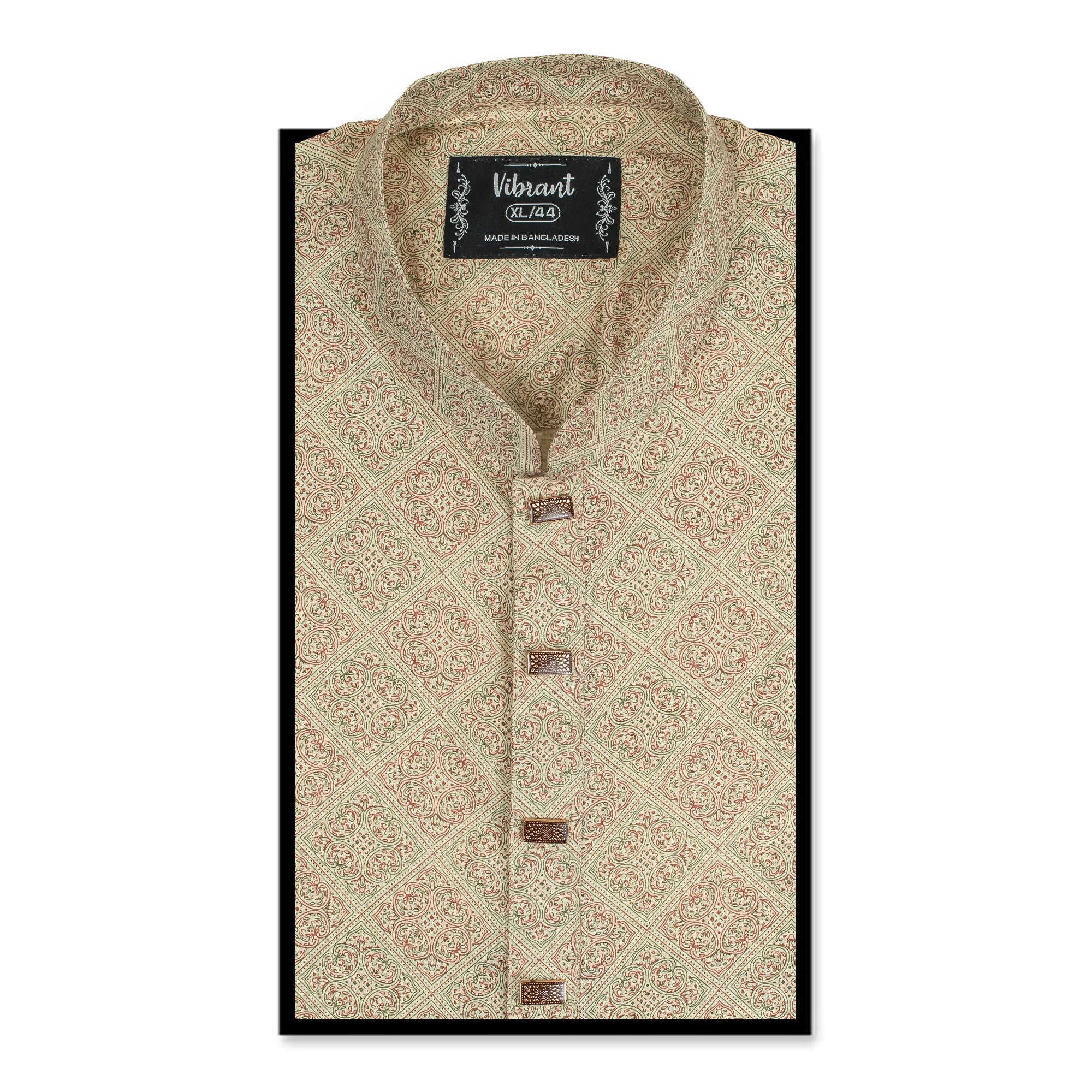 Vibrant Men's Beige & Maroon Printed Cotton Panjabi – Elegant Ethnic Wear for Festive & Formal Occasions - Vibrantbd.com