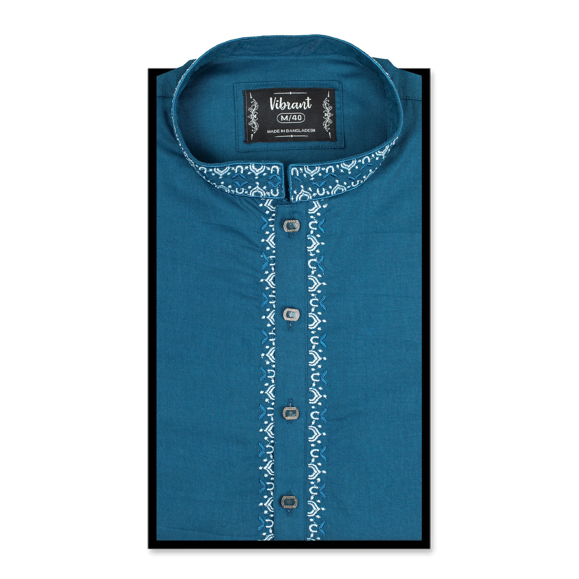 Vibrant Men's Teal Blue Cotton Panjabi – Elegant Embroidered Traditional Wear - Vibrantbd.com