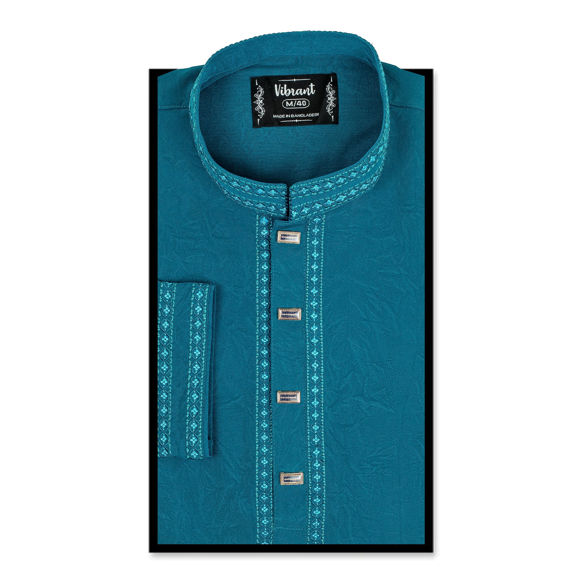 Vibrant Men's Cotton Panjabi – Teal Blue with Embroidered Detailing, Elegant Festive & Casual Wear - Vibrantbd.com