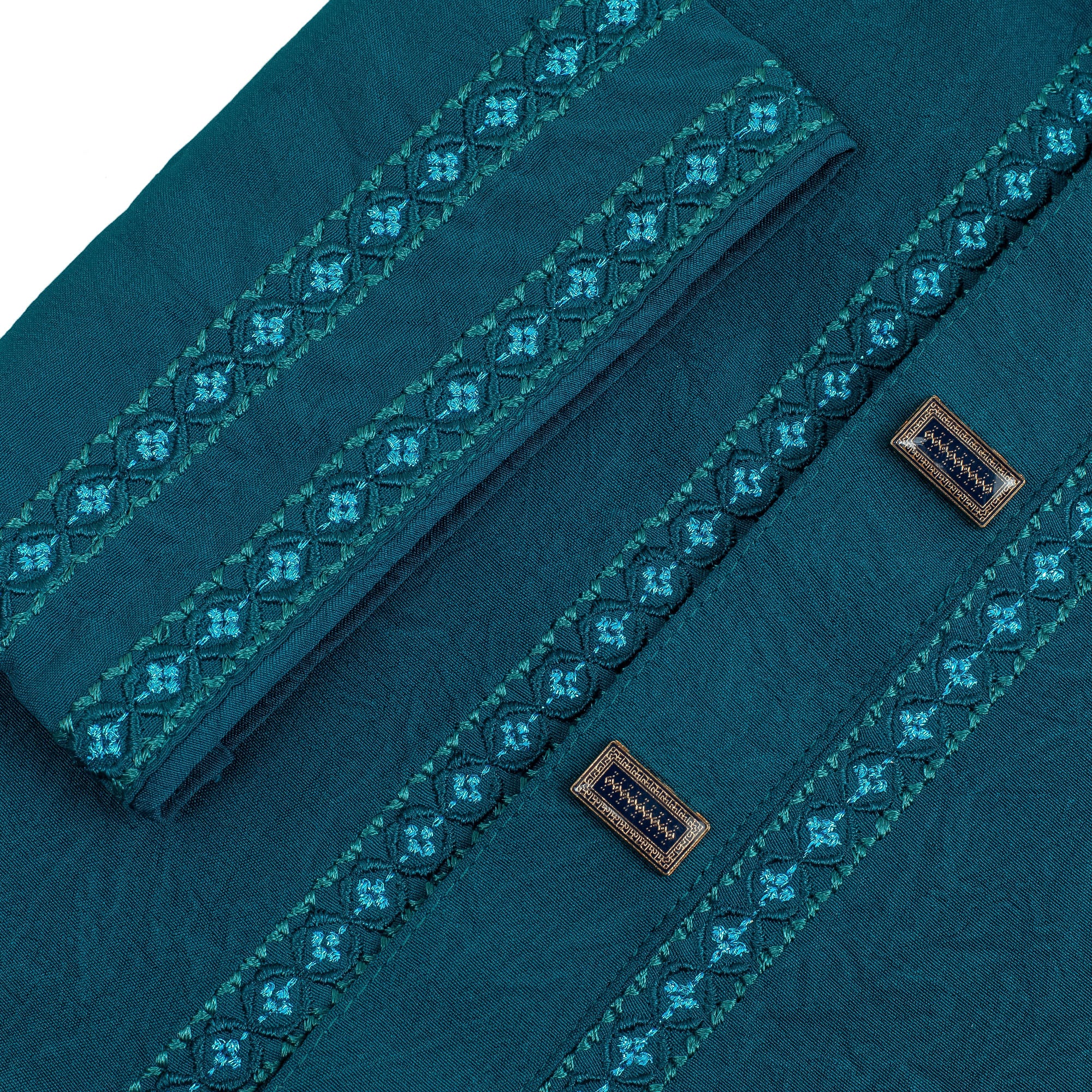 Vibrant Men's Cotton Panjabi – Teal Blue with Embroidered Detailing, Elegant Festive & Casual Wear - Vibrantbd.com