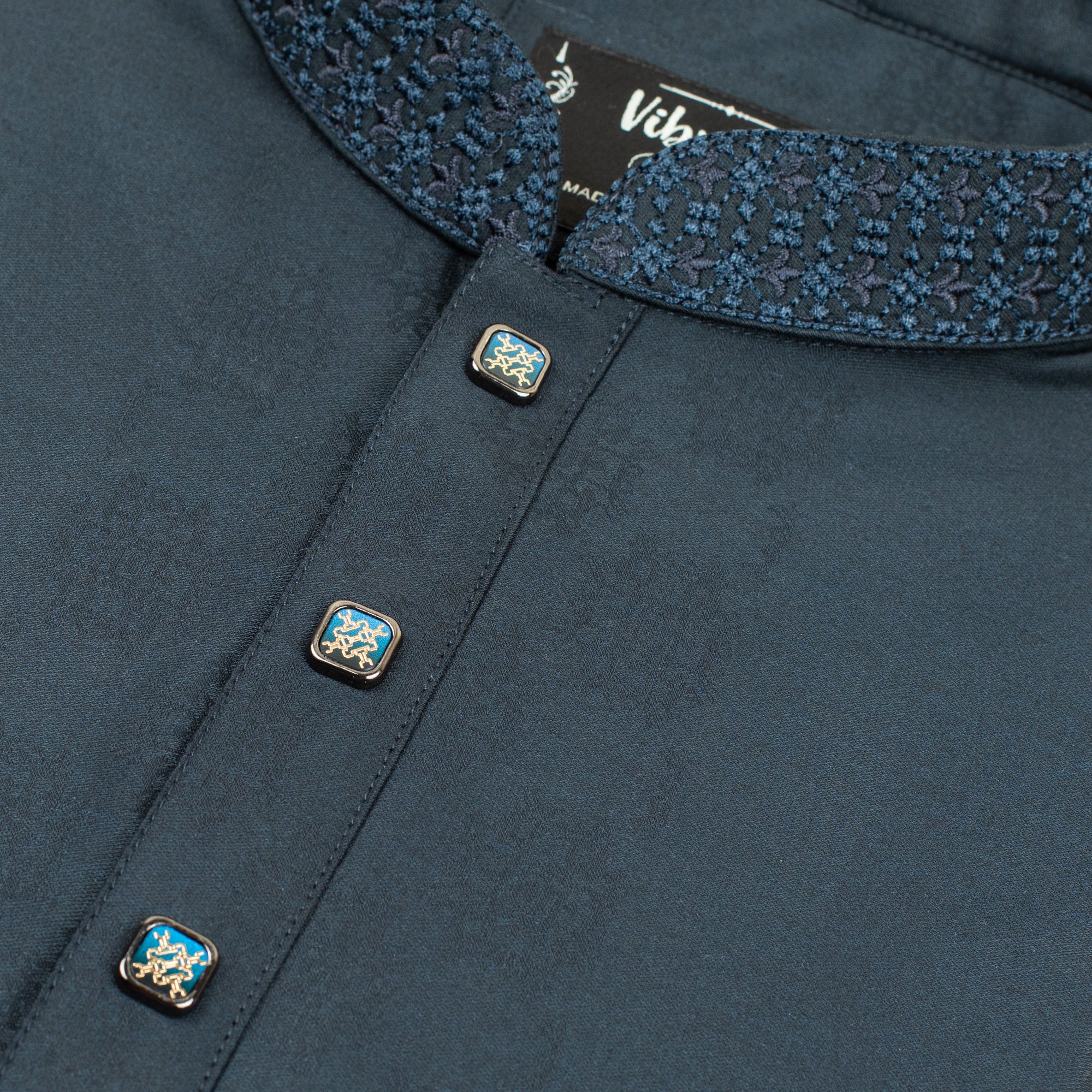 VIBRAN DARK NAVY BLUE  BLENDED COTTON PANJABI WITH EMBROIDERY WORK - Vibrantbd.com