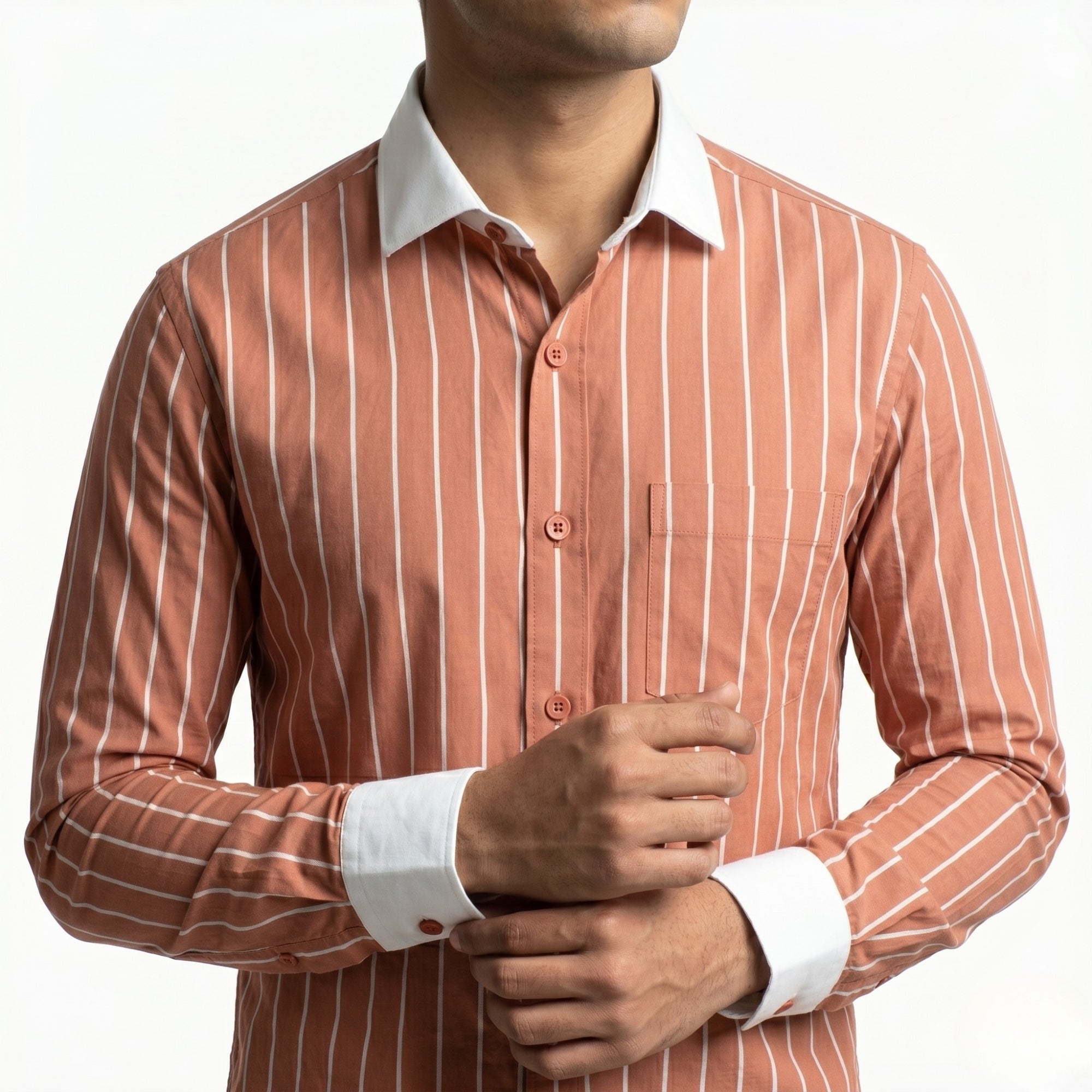 TERRACOTTA ORANGE COLOR STRIPED MEN FULL SLEEVE FORMAL SHIRT - Vibrantbd.com