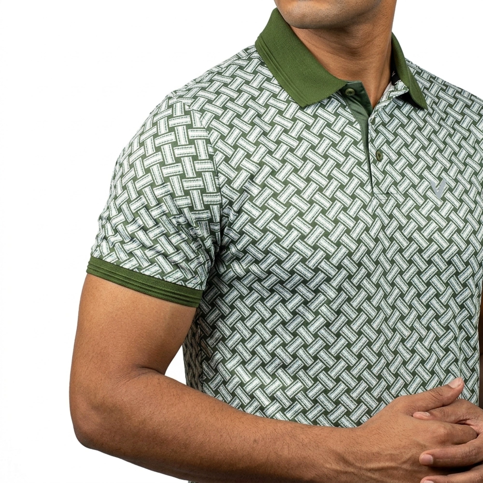 Vibrant Men's Sports Golf Polo Shirt - Green Geometric Print, Max Cool Polyester, Dry-Fit Sublimation - Vibrantbd.com