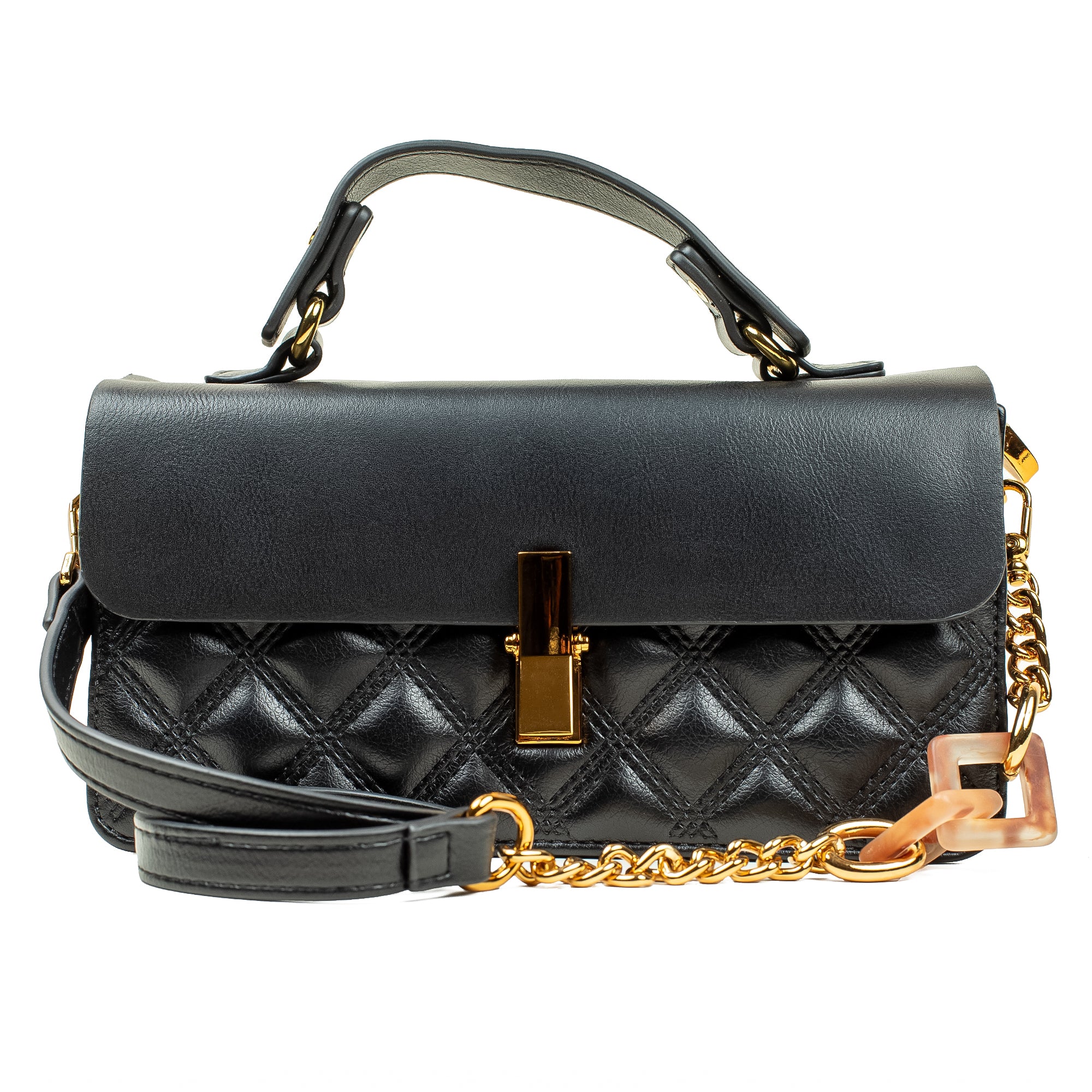Black Quilted Satchel Bag with Chain Strap