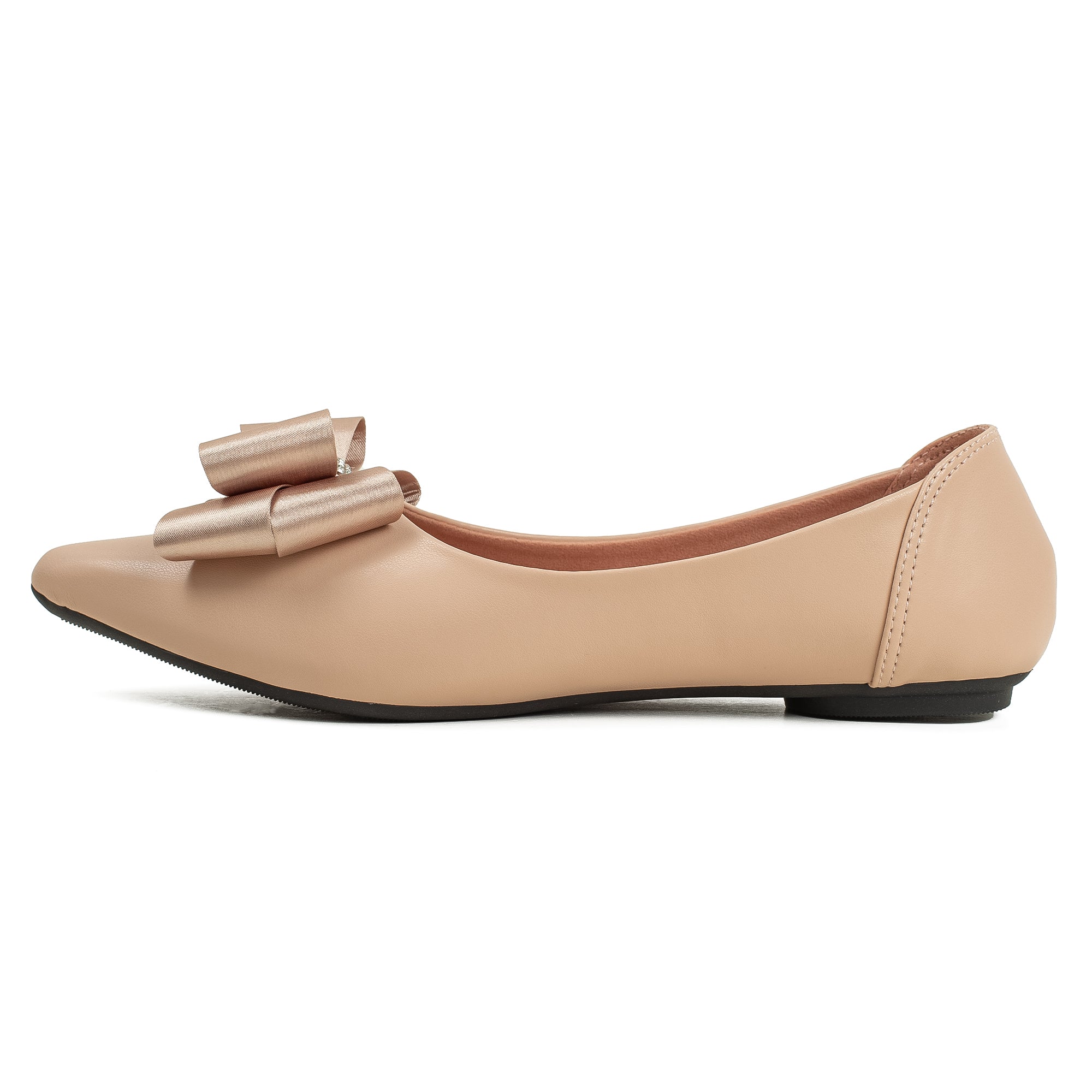 Vibrant Beige Pointed Toe Ballerina Flats – Elegant Bow Design, PU Leather, Cushioned Insole for Women - Vibrantbd.com
