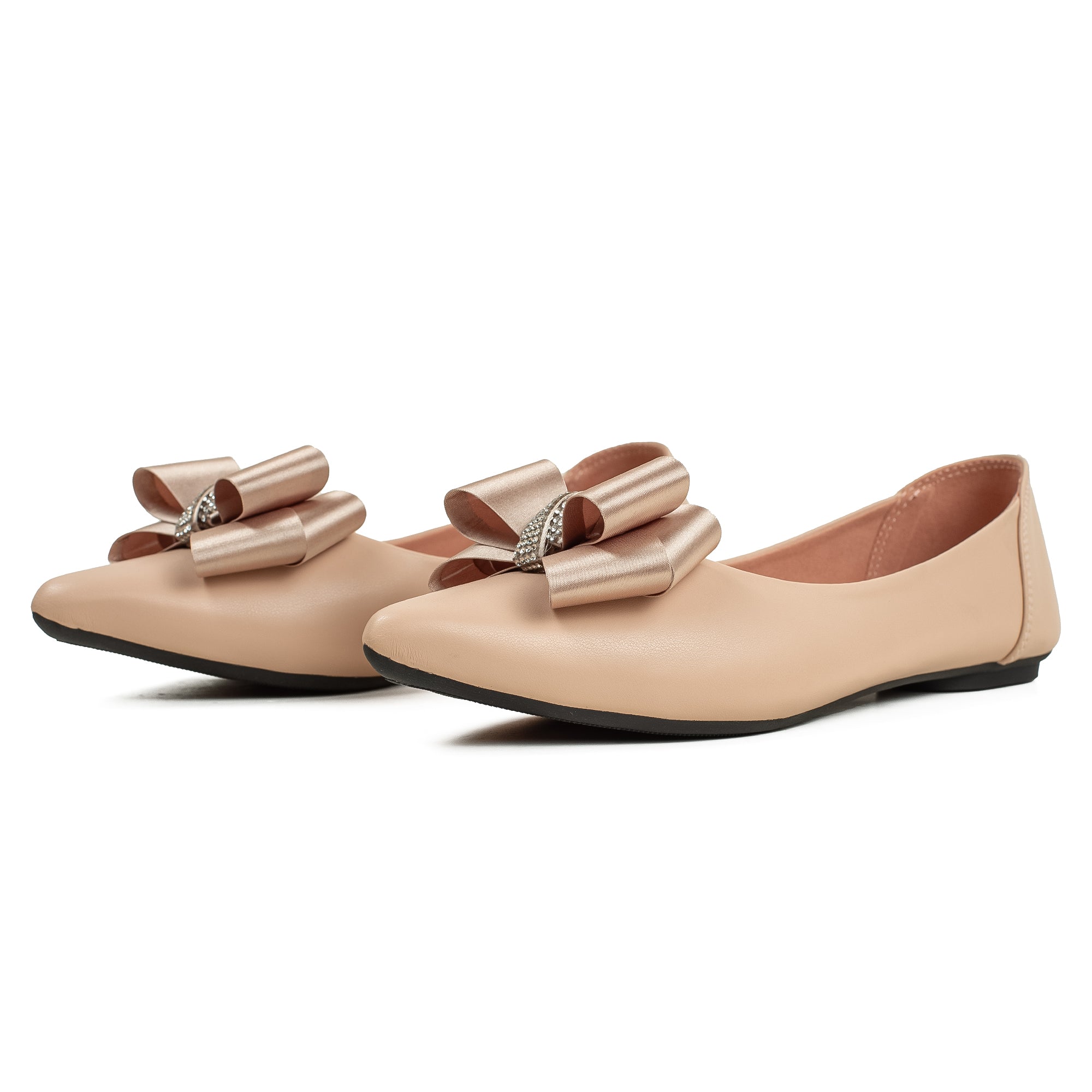 Vibrant Beige Pointed Toe Ballerina Flats – Elegant Bow Design, PU Leather, Cushioned Insole for Women - Vibrantbd.com