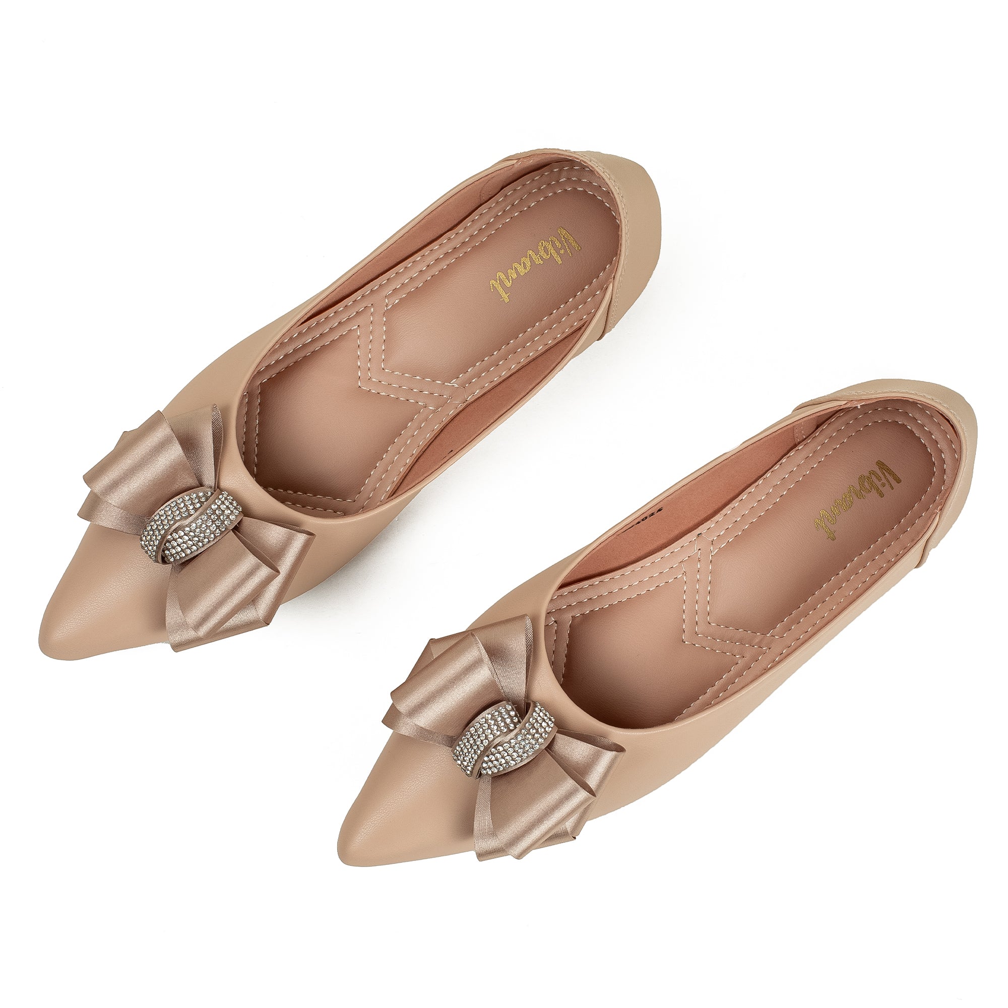 Vibrant Beige Pointed Toe Ballerina Flats – Elegant Bow Design, PU Leather, Cushioned Insole for Women - Vibrantbd.com