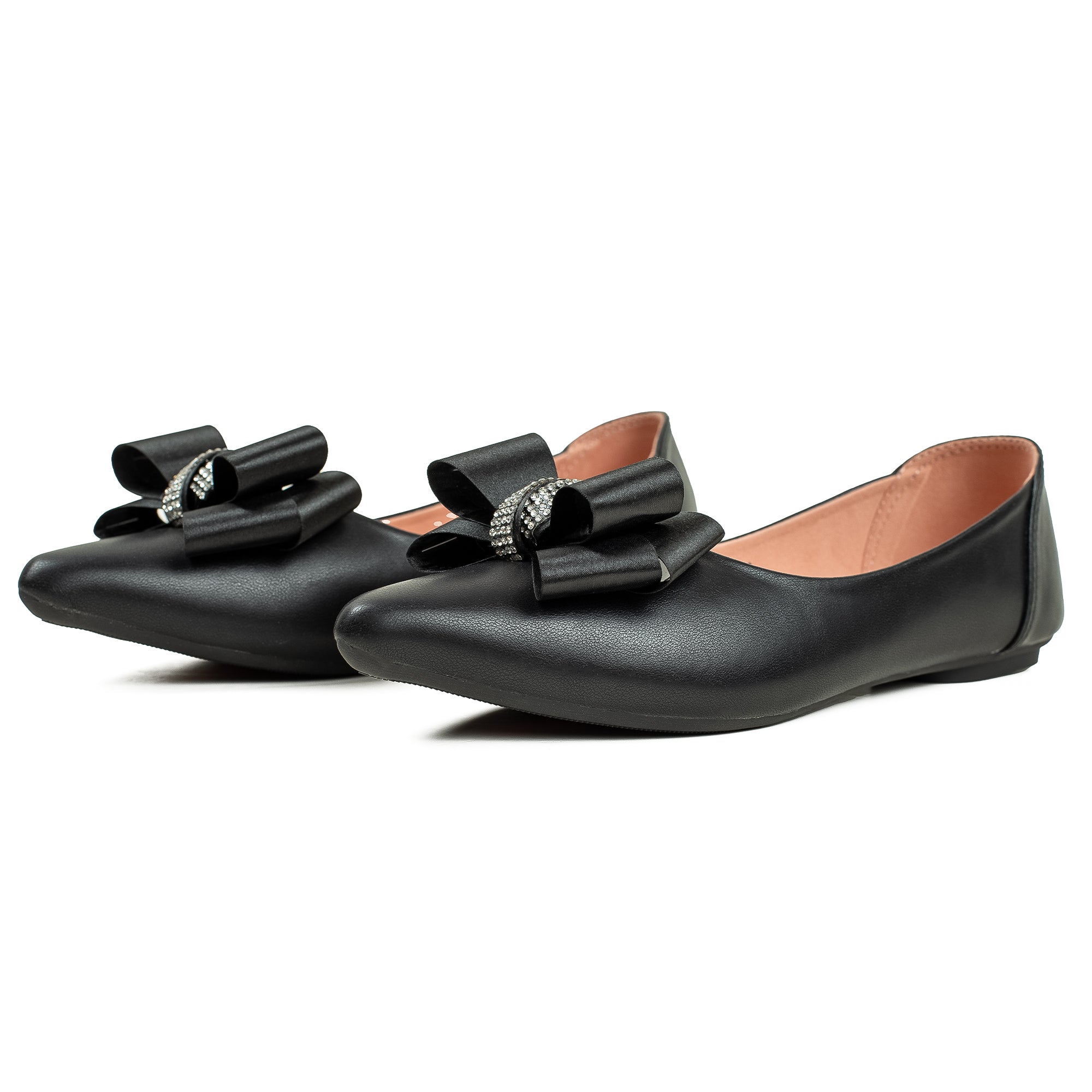 Vibrant Black Pointed Toe Ballerina Flats – Elegant Bow Design, PU Leather, Cushioned Insole for Women - Vibrantbd.com