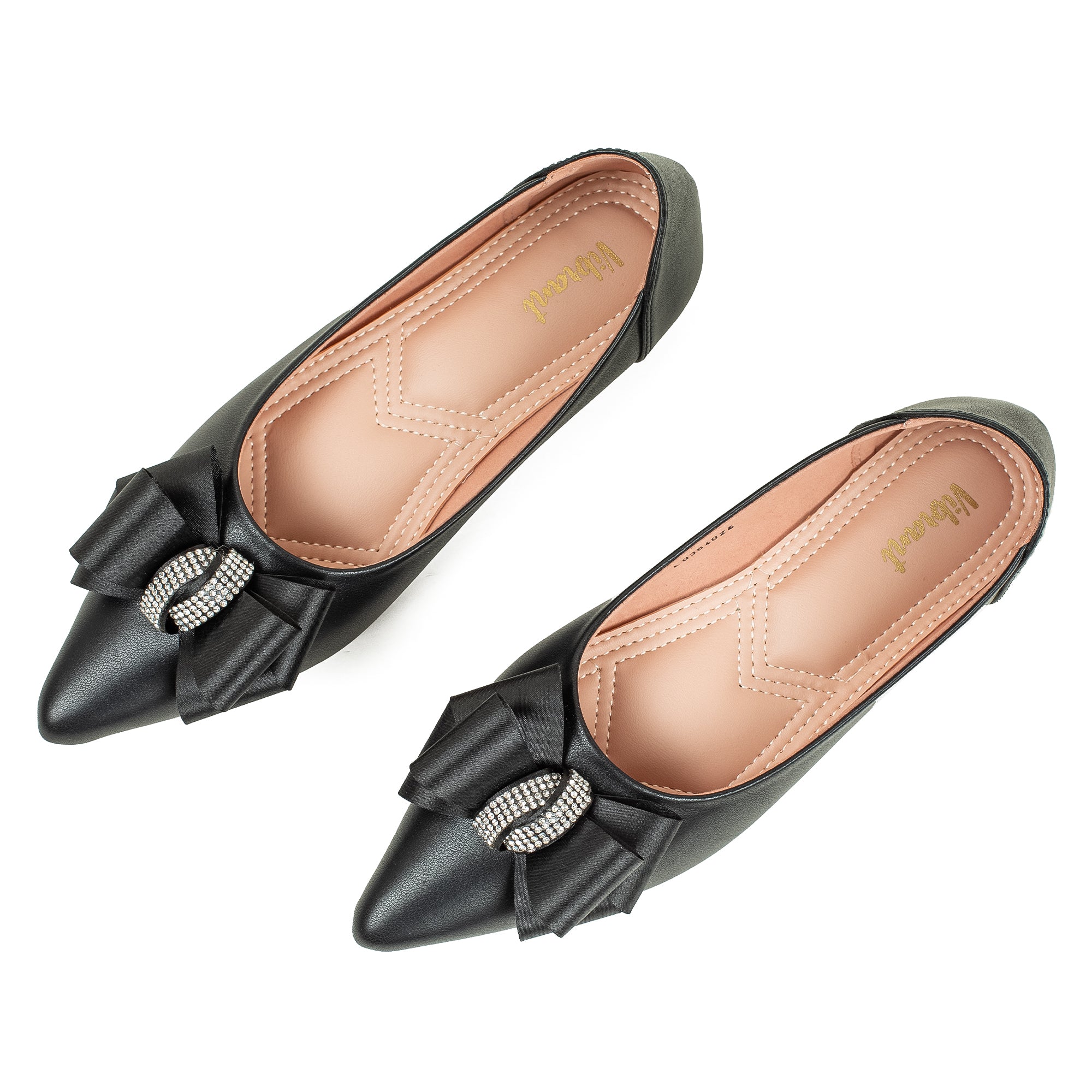 Vibrant Black Pointed Toe Ballerina Flats – Elegant Bow Design, PU Leather, Cushioned Insole for Women - Vibrantbd.com