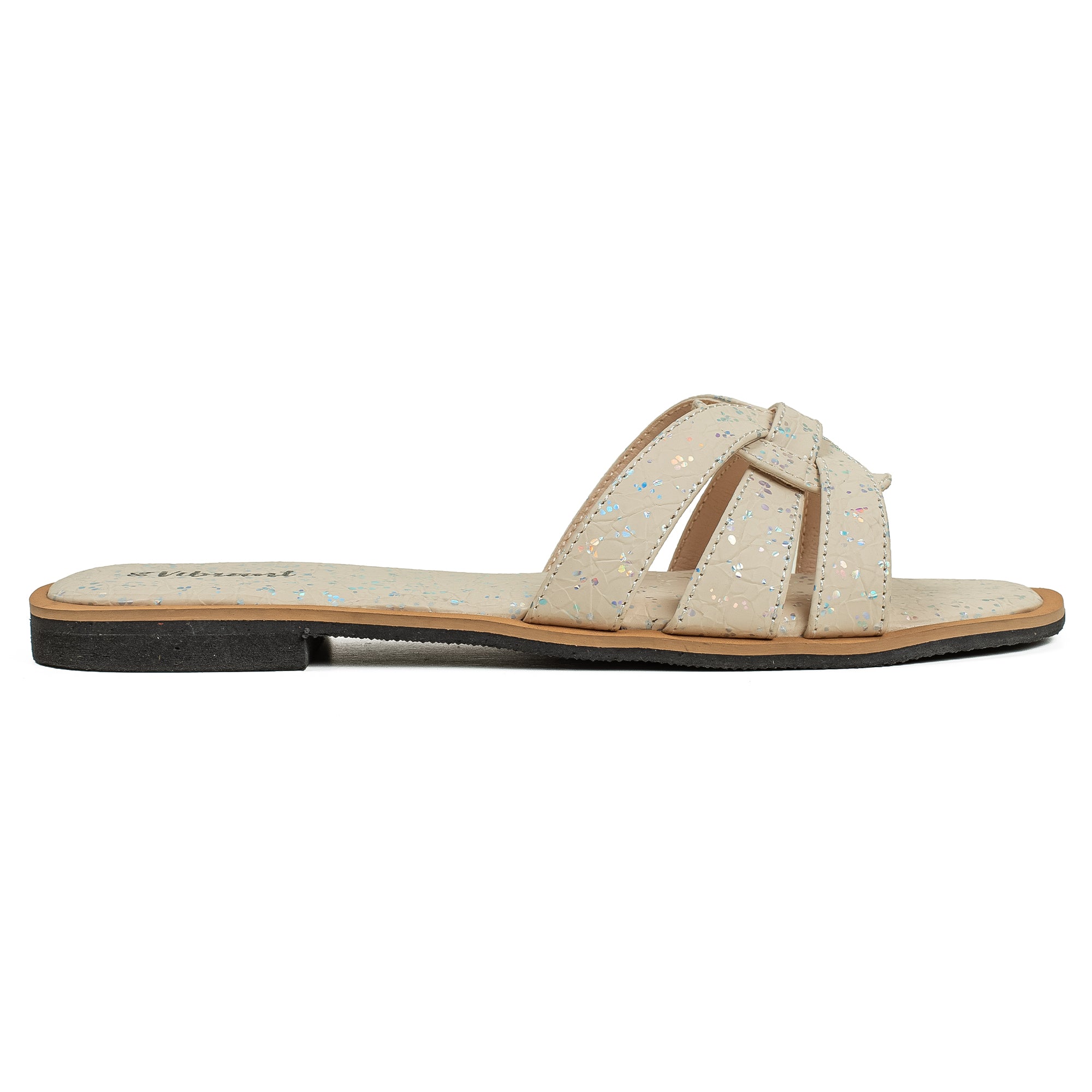 Vibrant Ladies' Beige Flat Sandal – Elegant PU Leather Slip-On with Cushioned Insole & TPR Sole - Vibrantbd.com